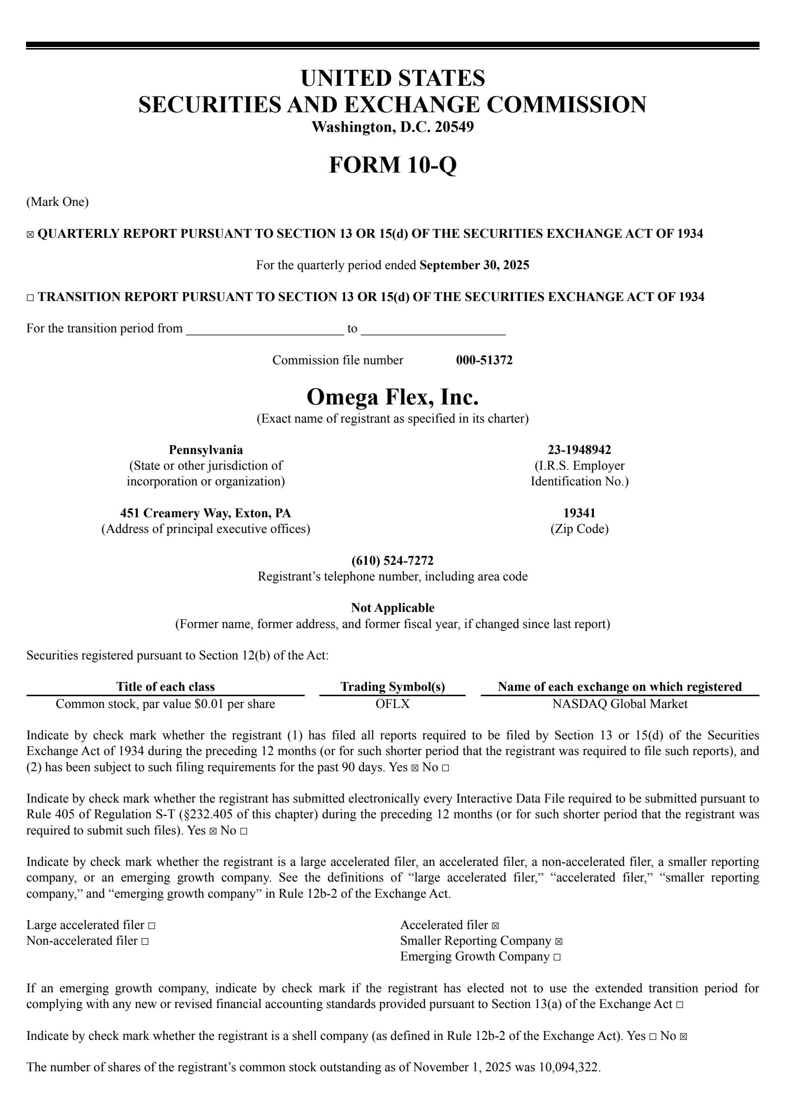 Omega Flex's Q3 2025 Quarterly Report