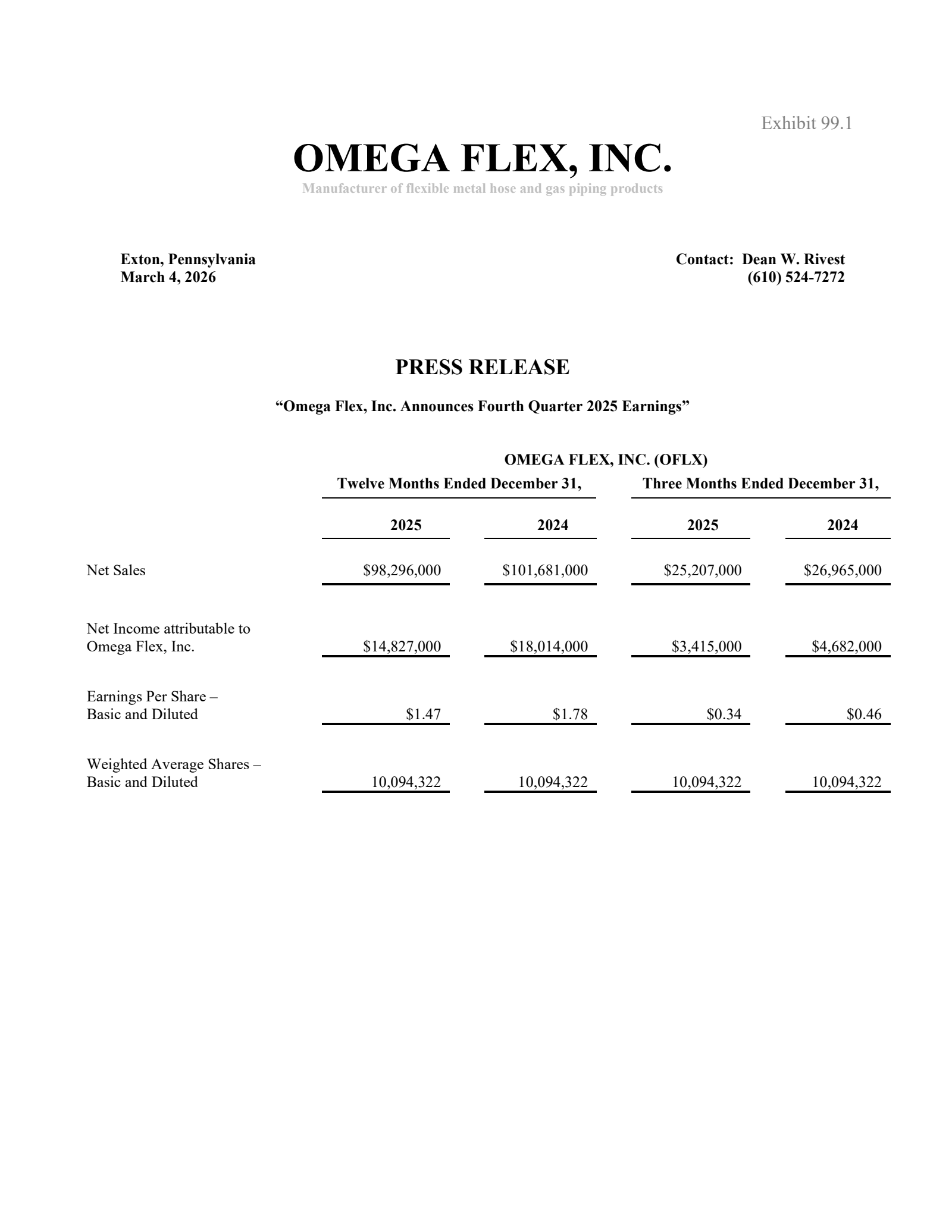 Omega Flex's Q4 2025 Press Release