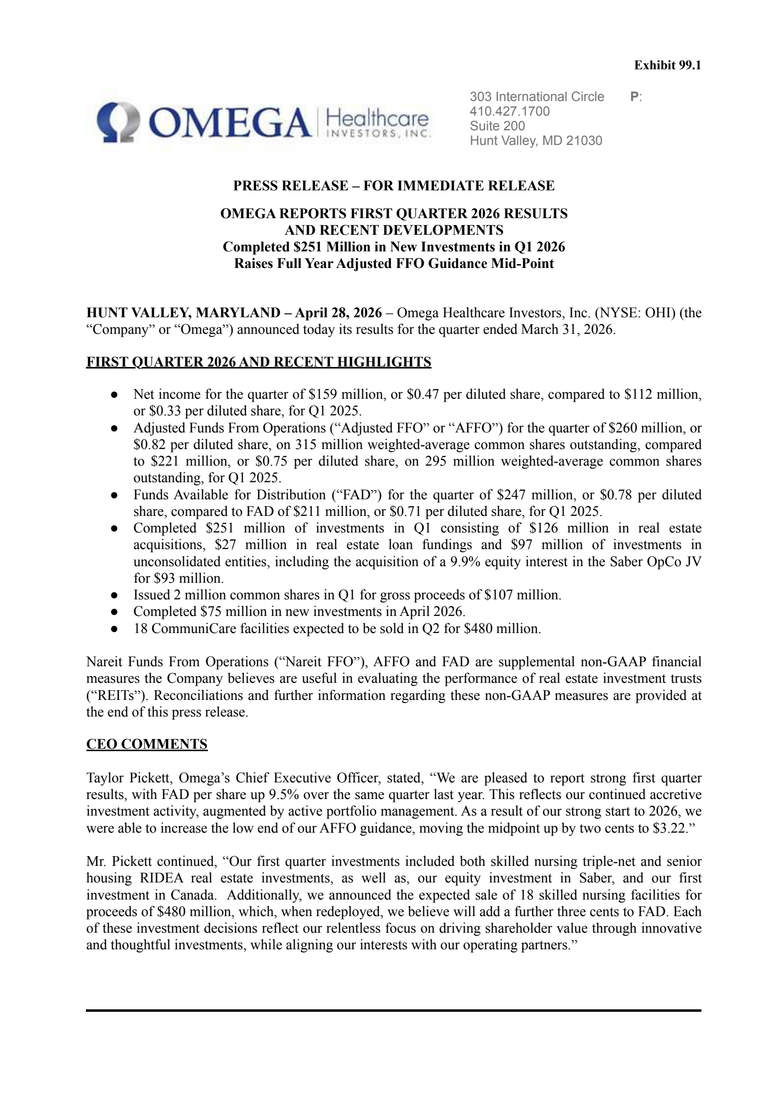 Omega Healthcare Investors' Q1 2026 Press Release