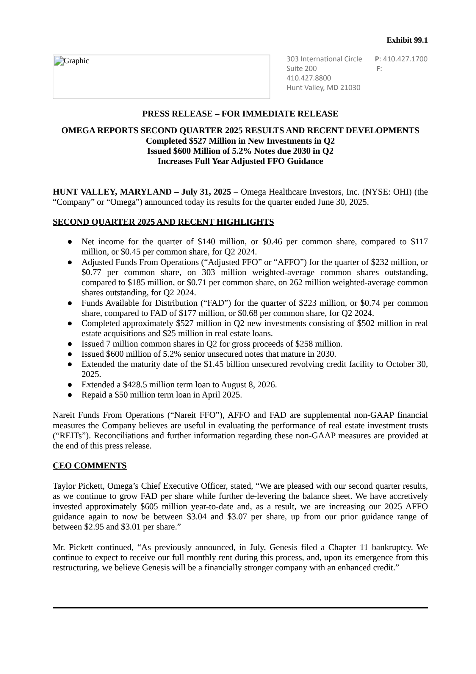 Omega Healthcare Investors' Q2 2025 Press Release