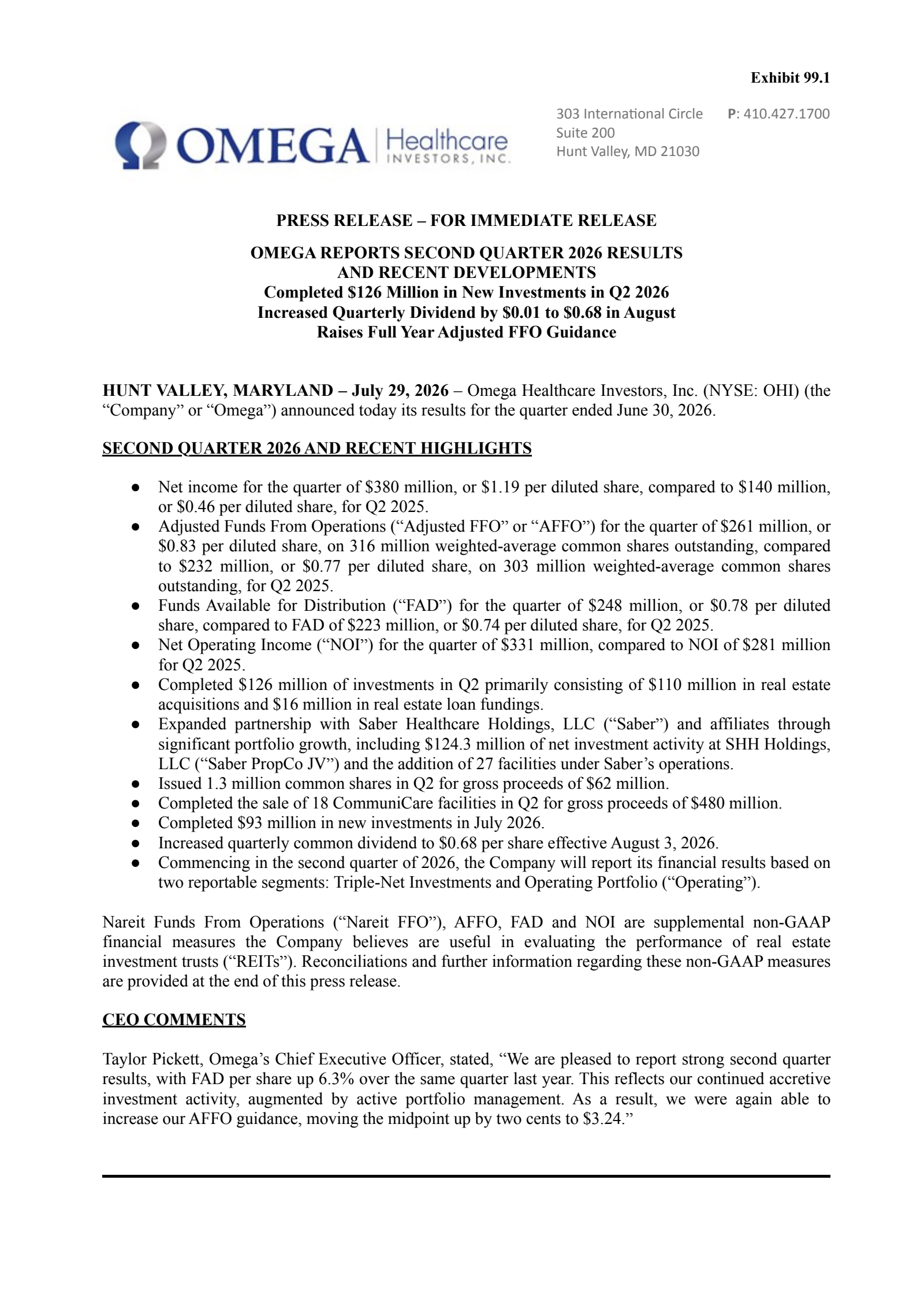 Omega Healthcare Investors' Q2 2026 Press Release