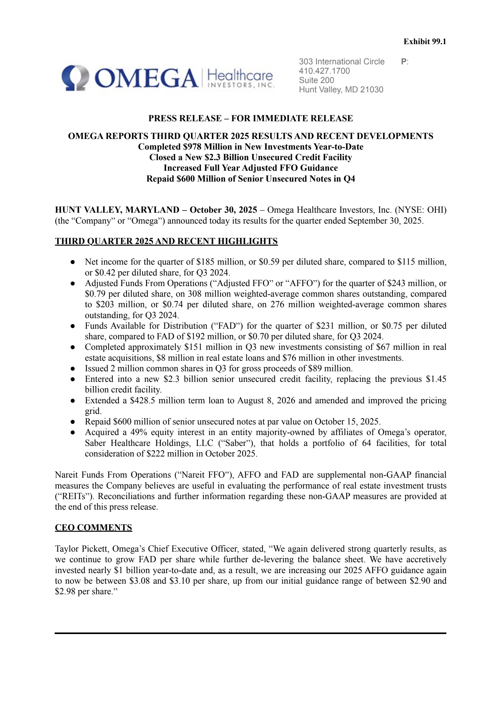 Omega Healthcare Investors' Q3 2025 Earnings Release
