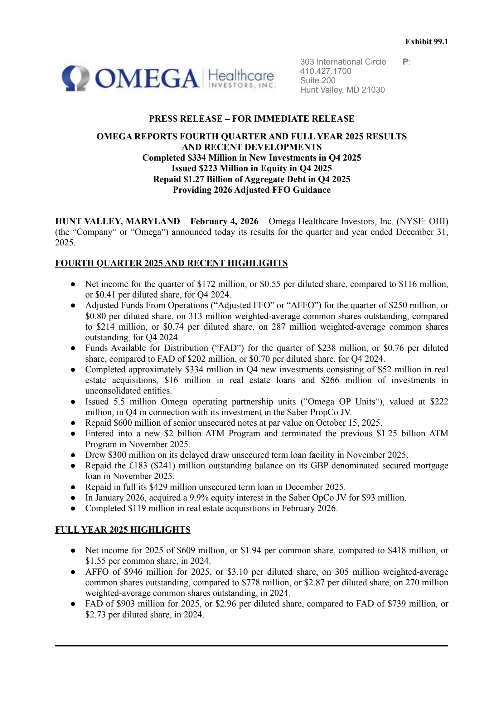 Omega Healthcare Investors' Q4 2025 Press Release