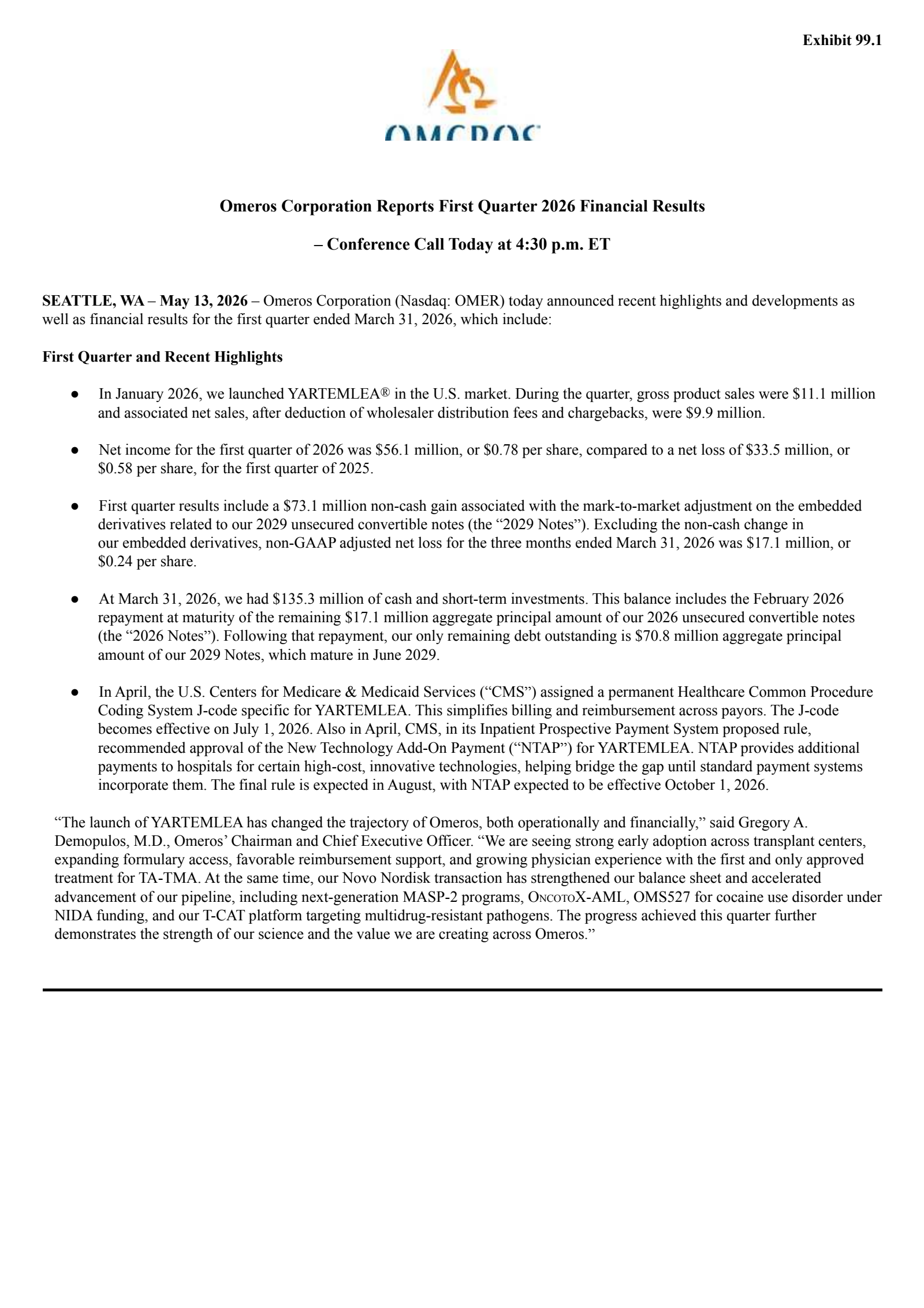 Omeros' Q1 2026 Press Release