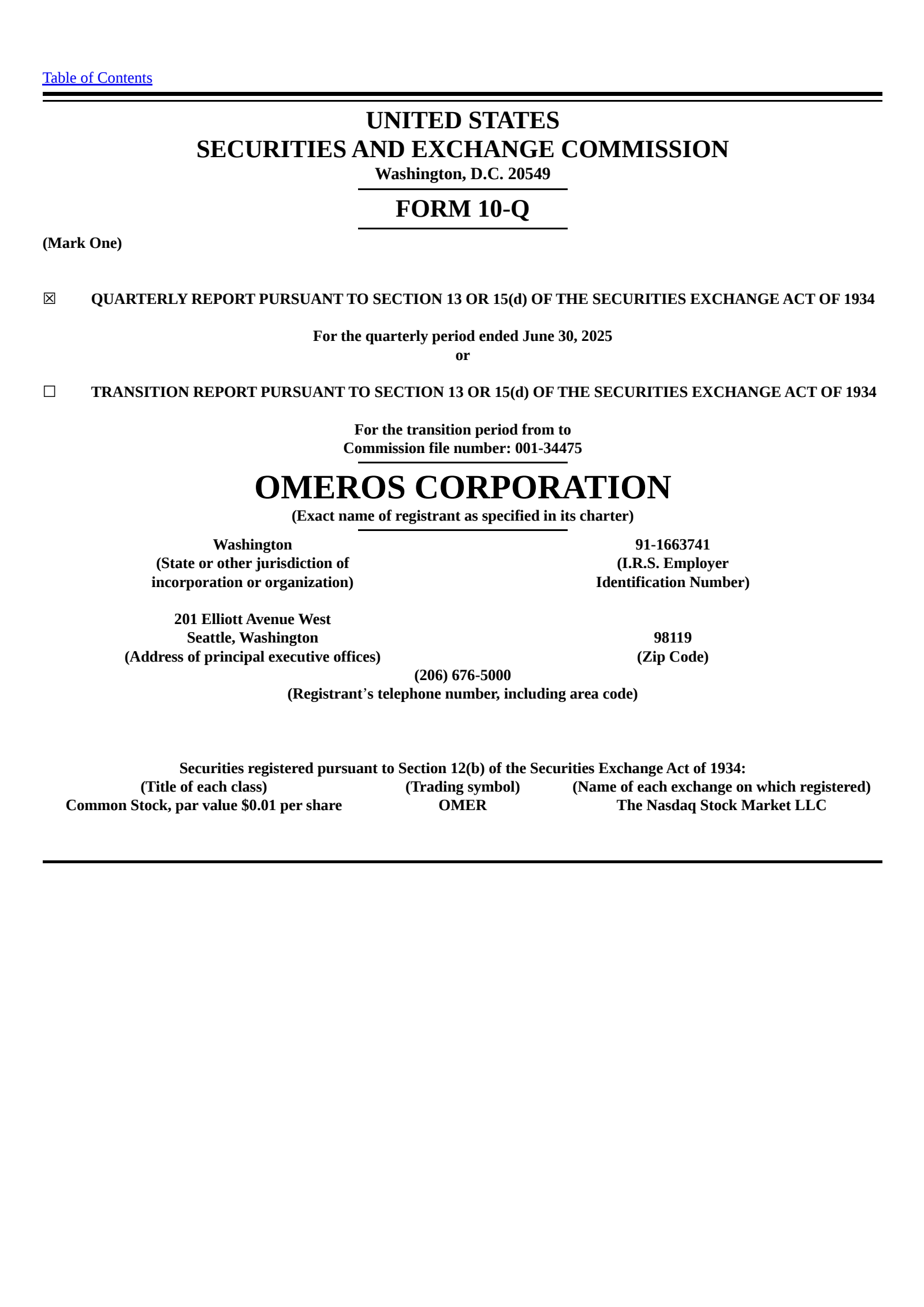 Omeros' Q2 2025 Quarterly report
