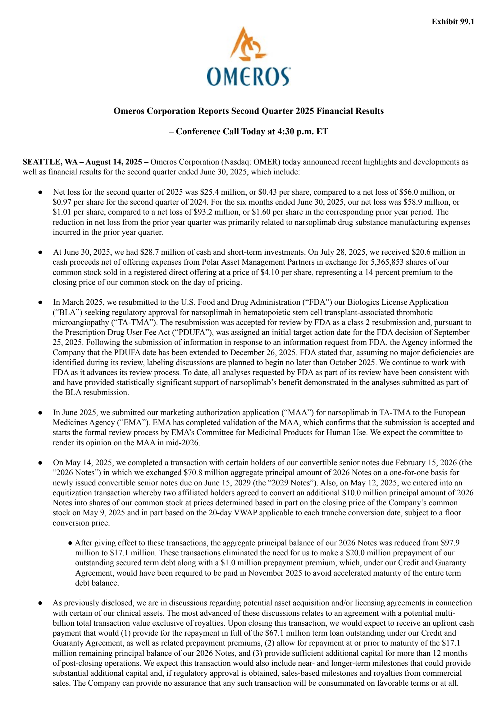 Omeros' Q2 2025 Press Release