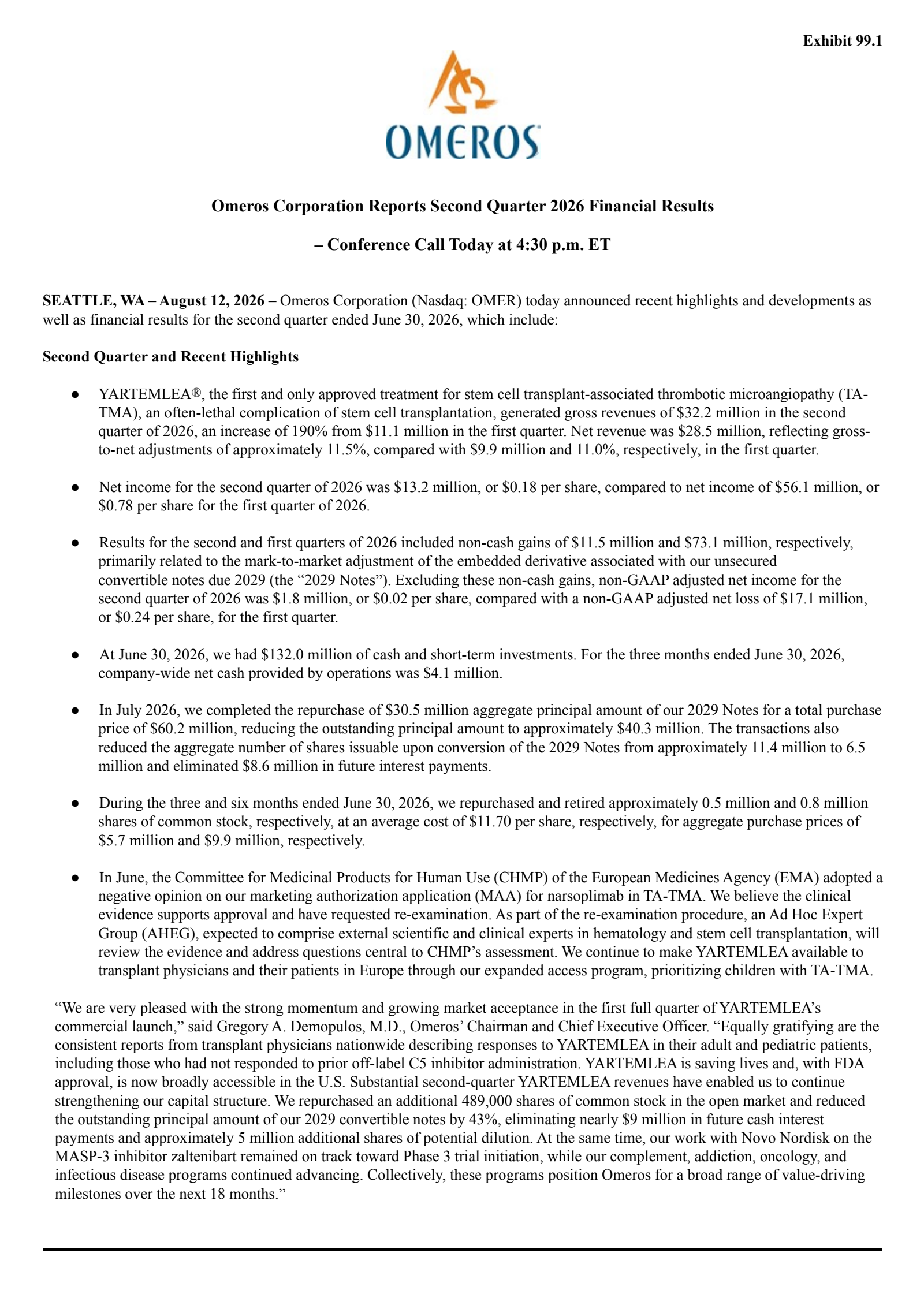 Omeros' Q2 2026 Press Release