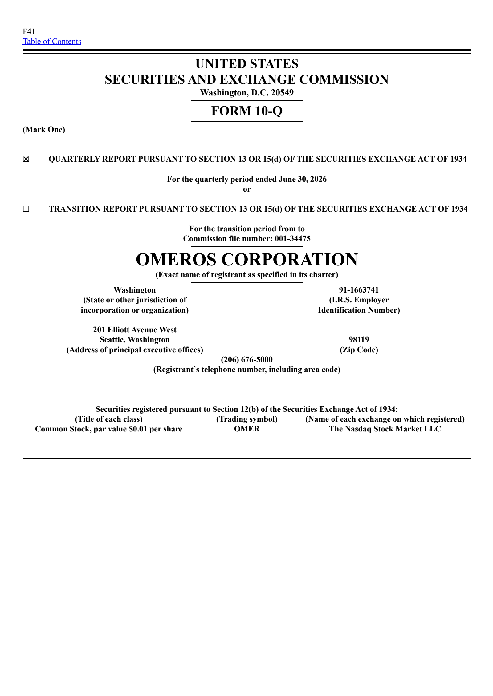 Omeros' Q2 2026 Quarterly report