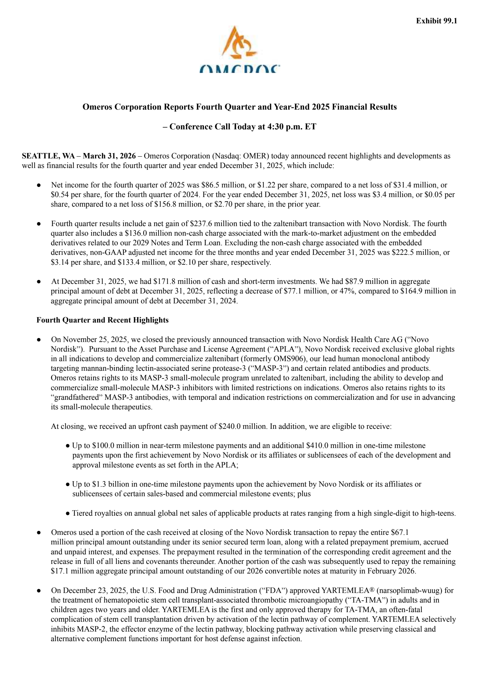 Omeros' Q4 2025 Press Release