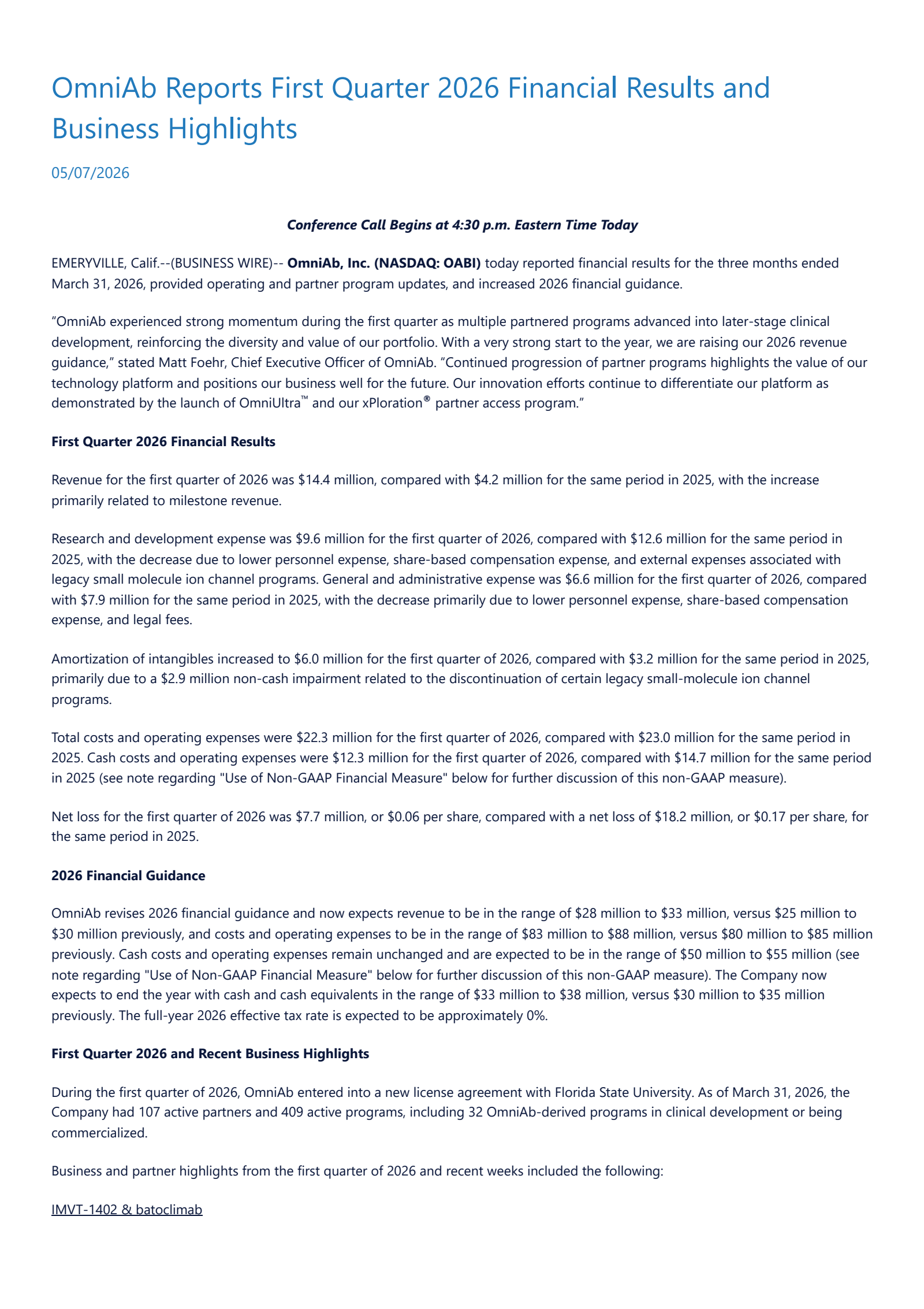 OmniAb's Q1 2026 Press Release