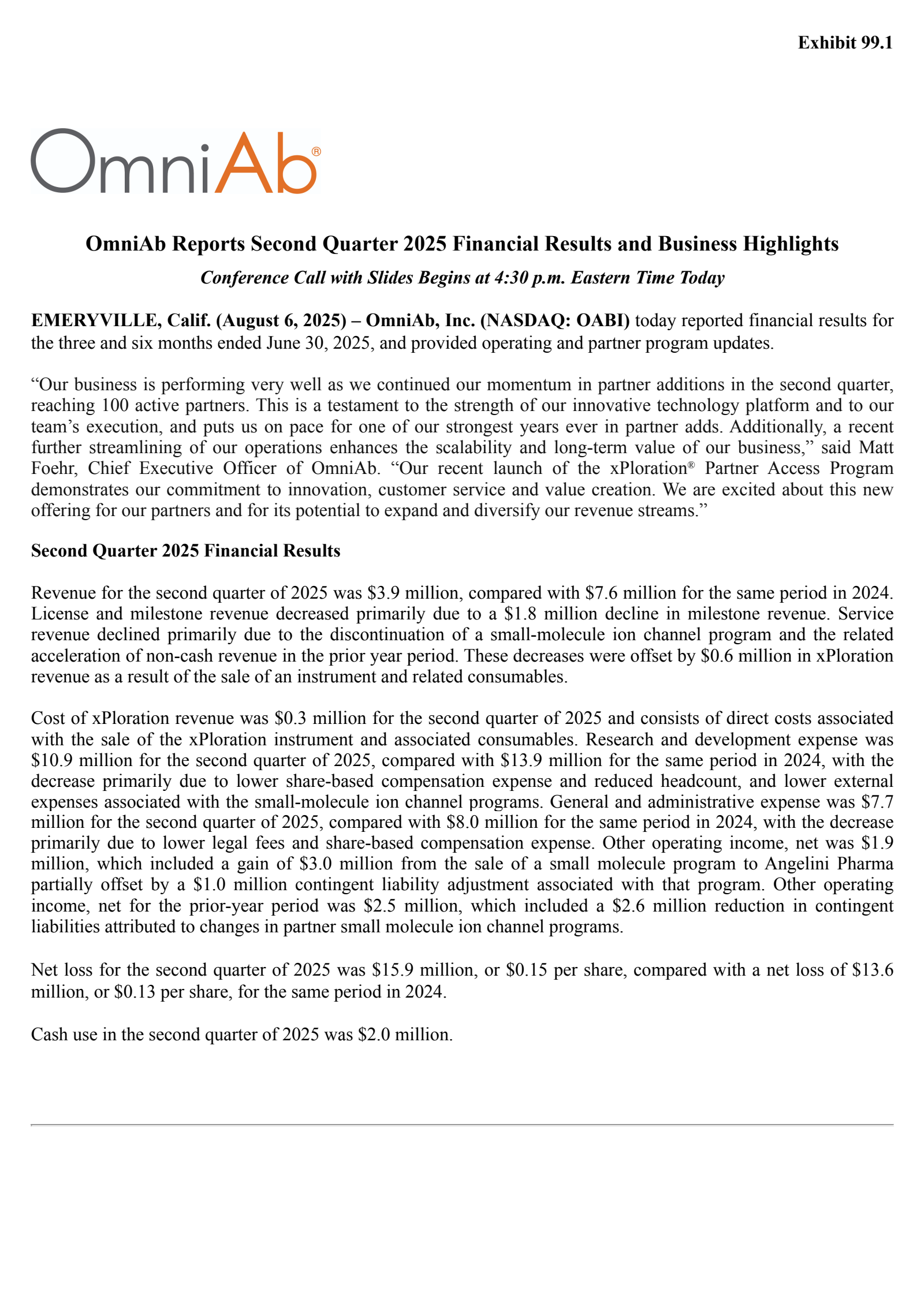 OmniAb's Q2 2025 Press Release