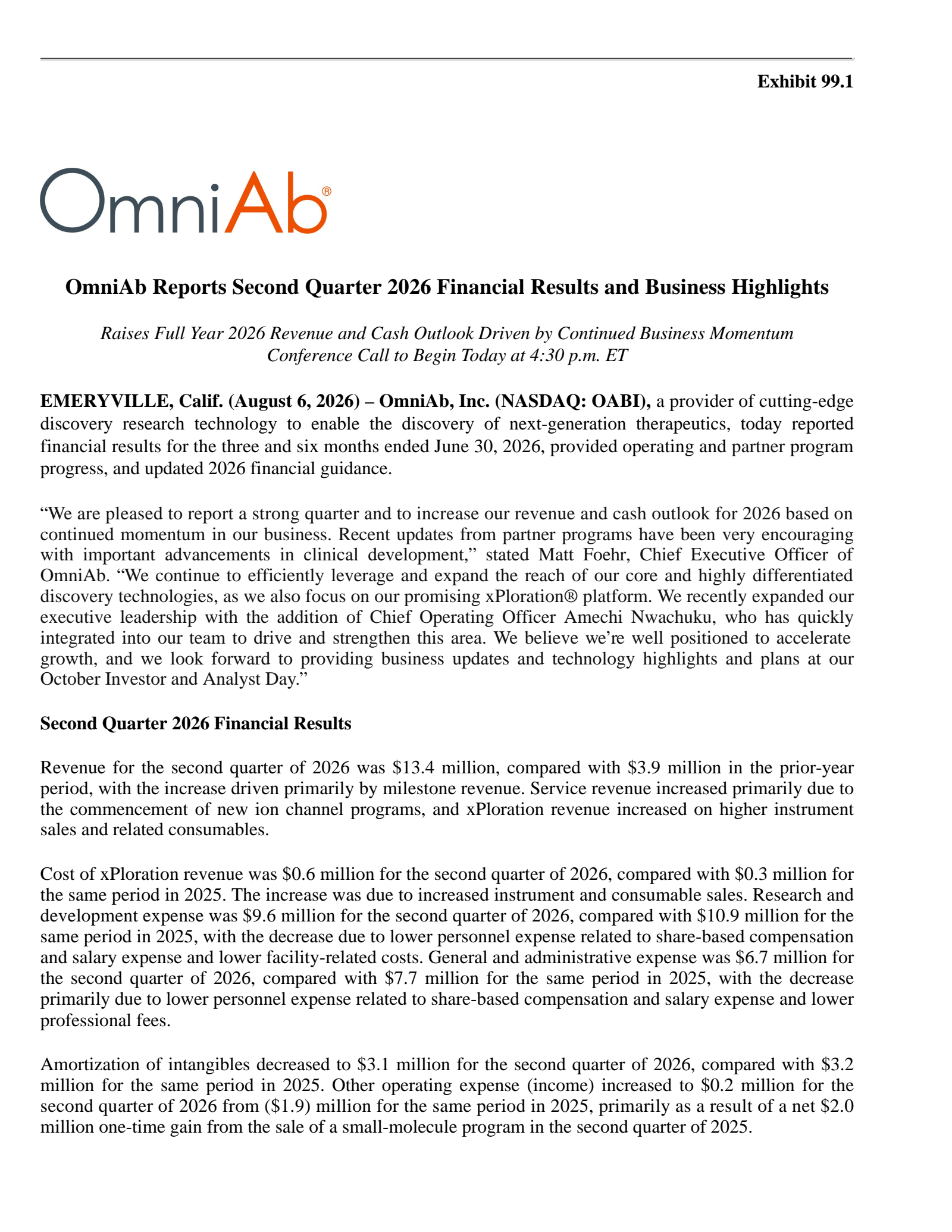 OmniAb's Q2 2026 Press Release