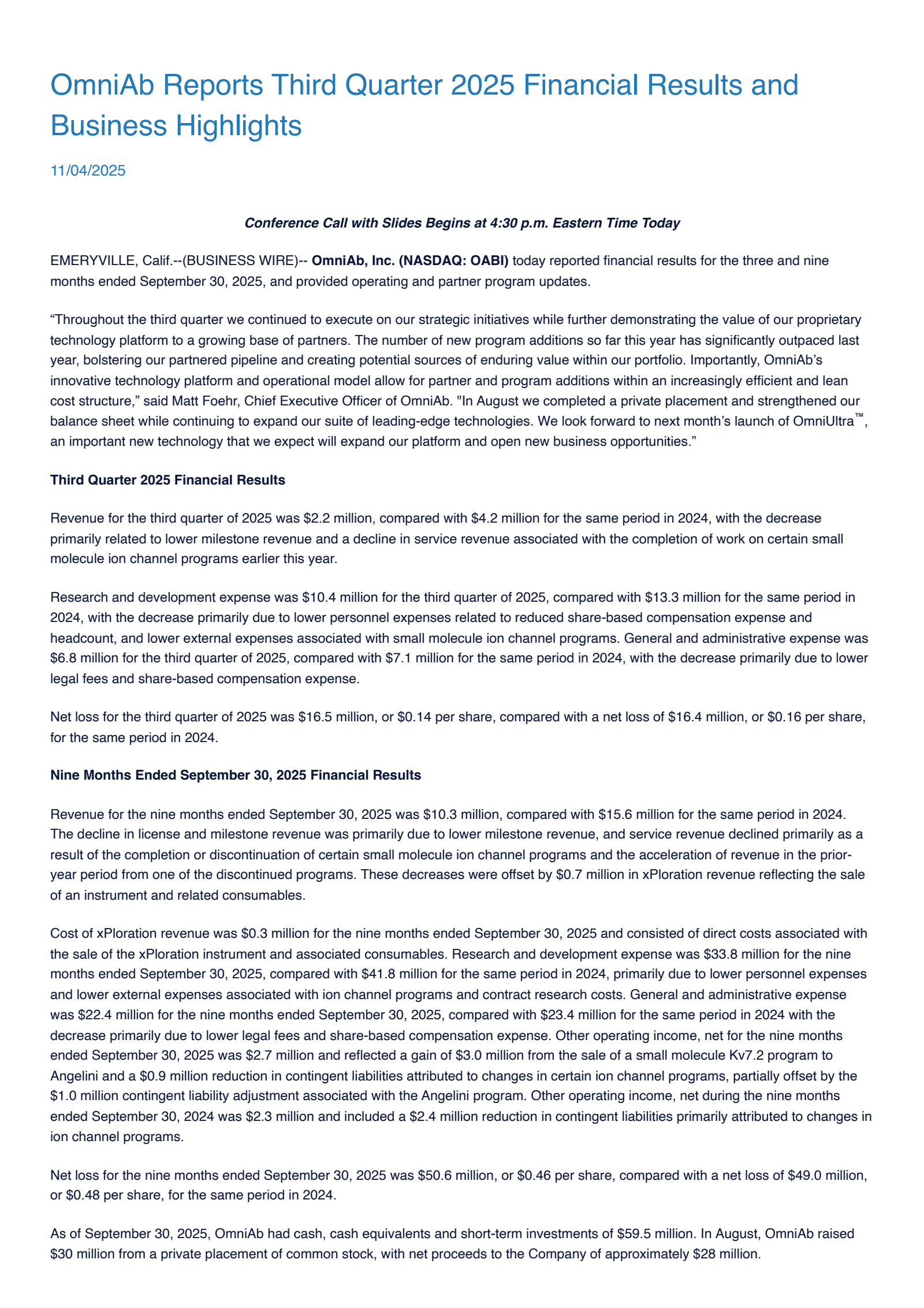 OmniAb's Q3 2025 Earnings Release