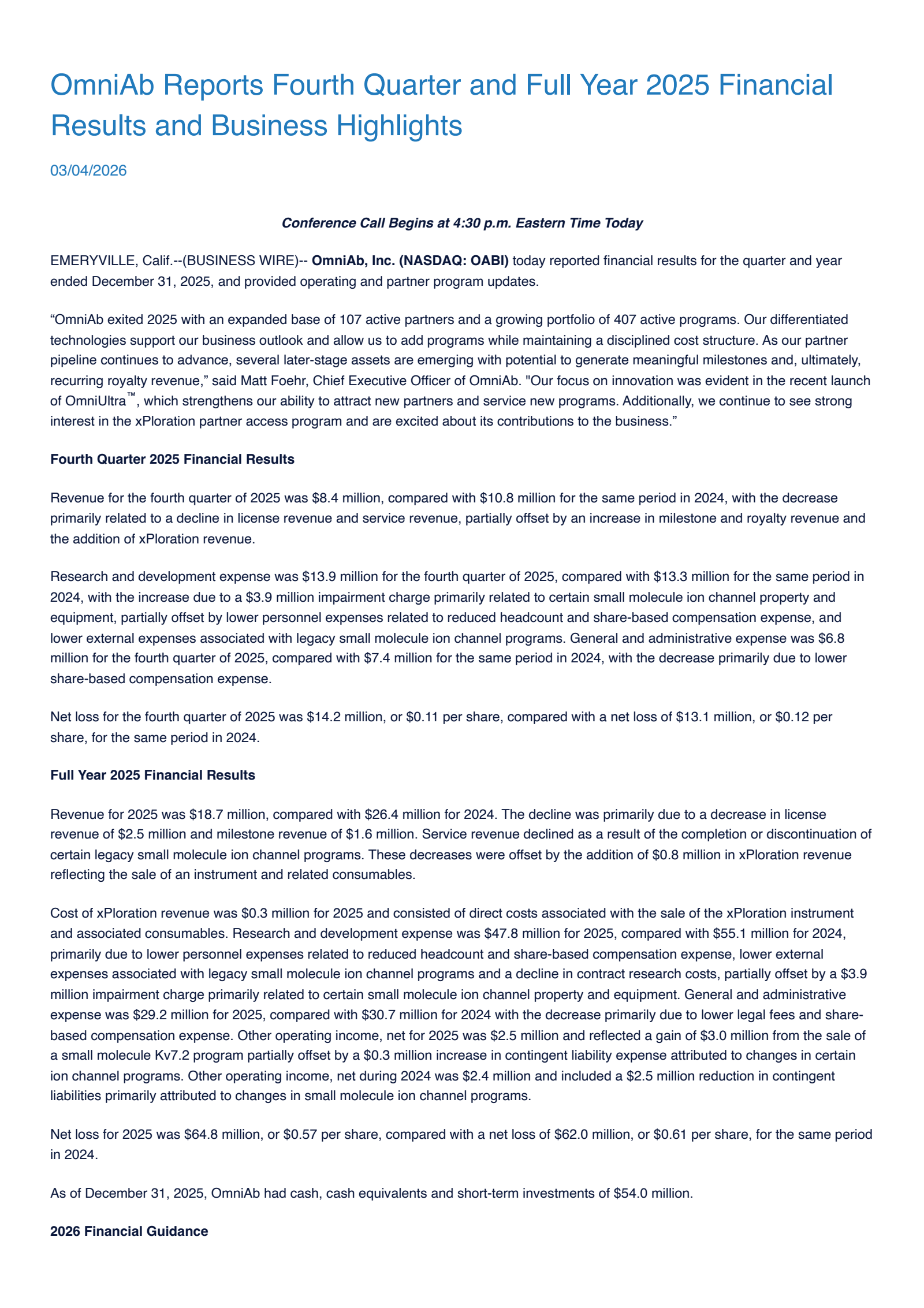 OmniAb's Q4 2025 Press Release