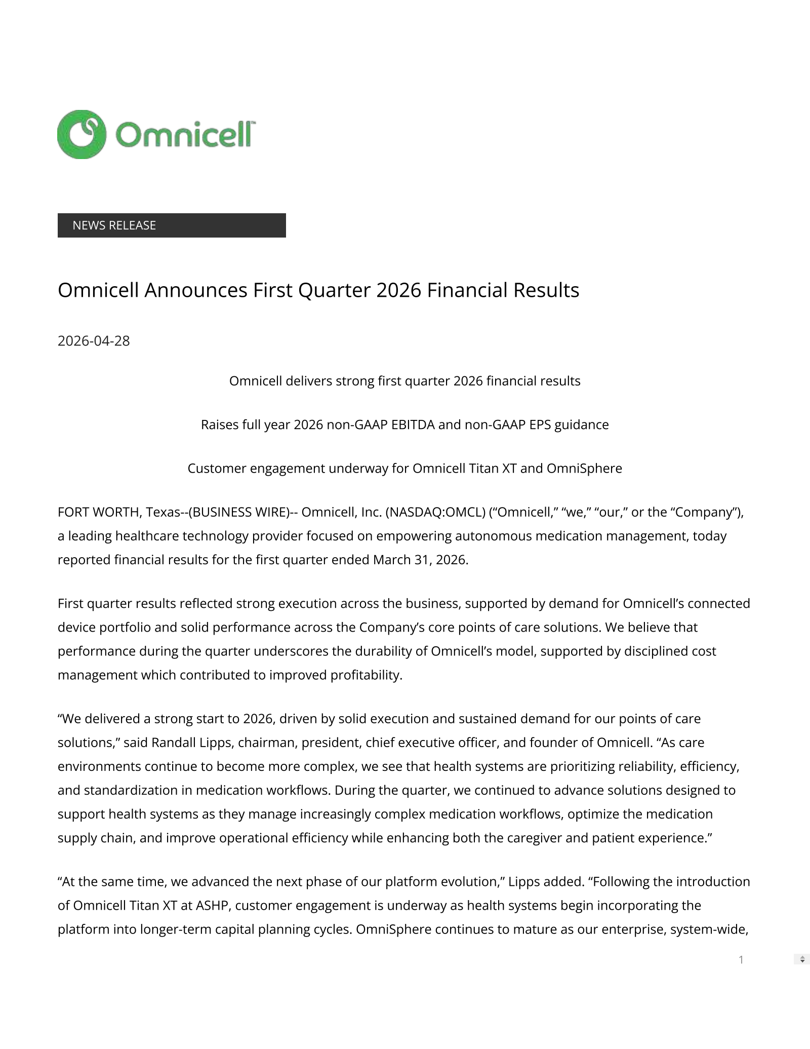 Omnicell's Q1 2026 Press Release