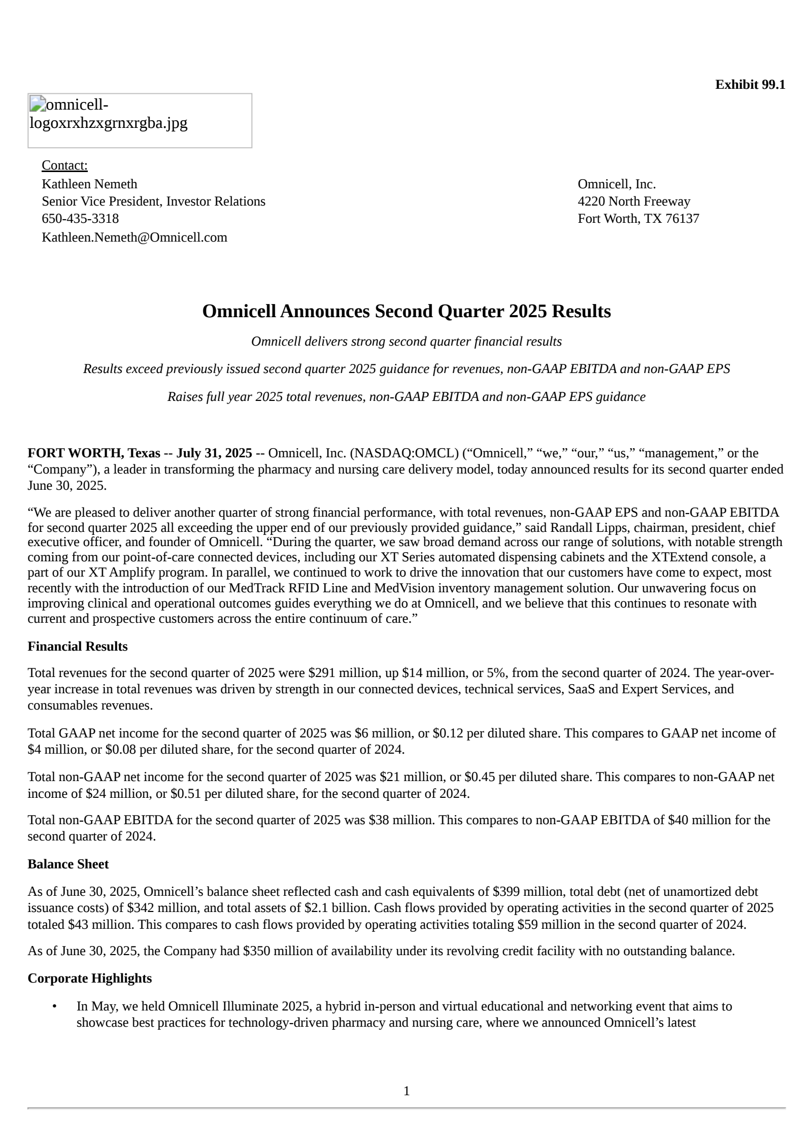 Omnicell's Q2 2025 Press Release