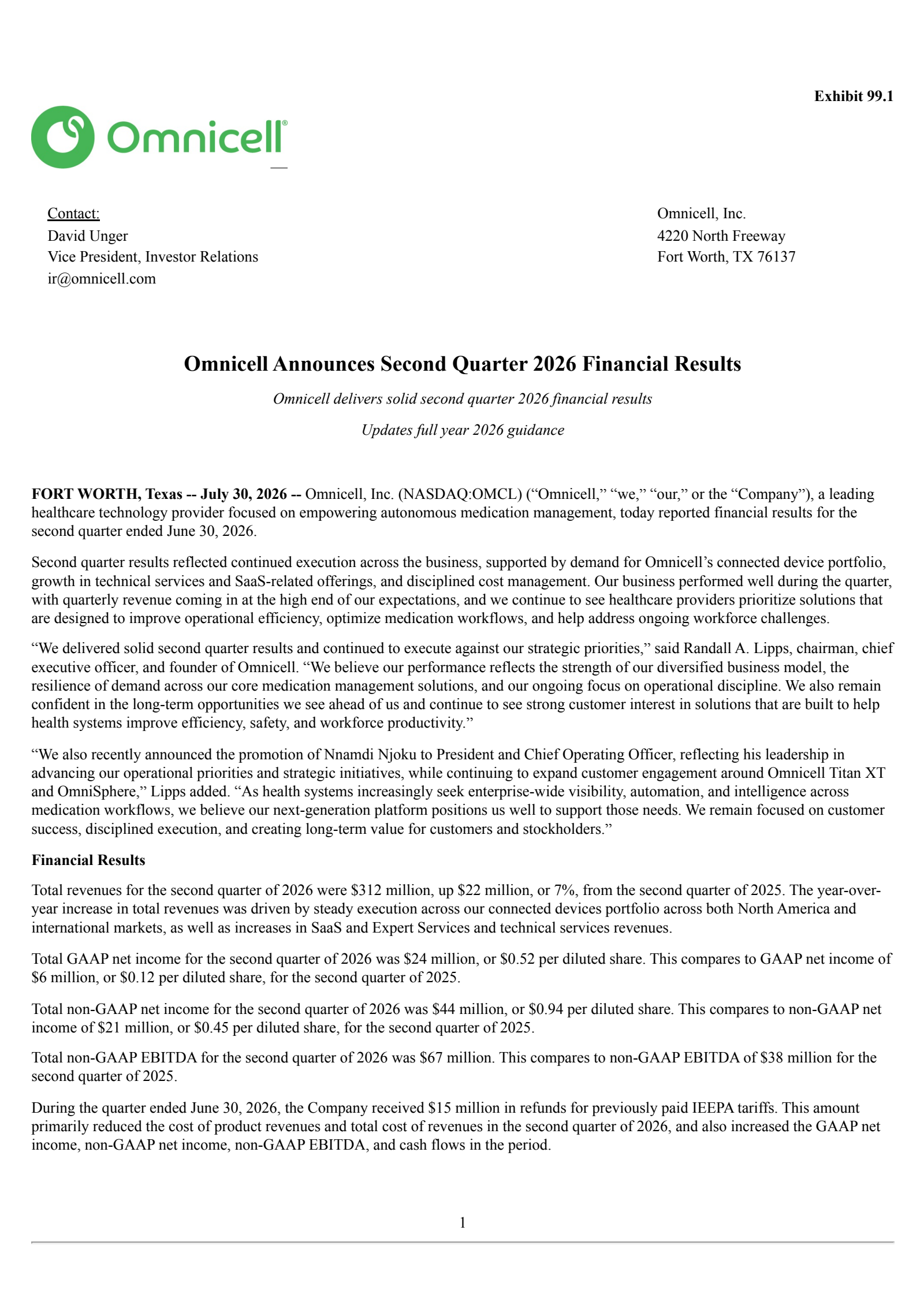 Omnicell's Q2 2026 Press Release