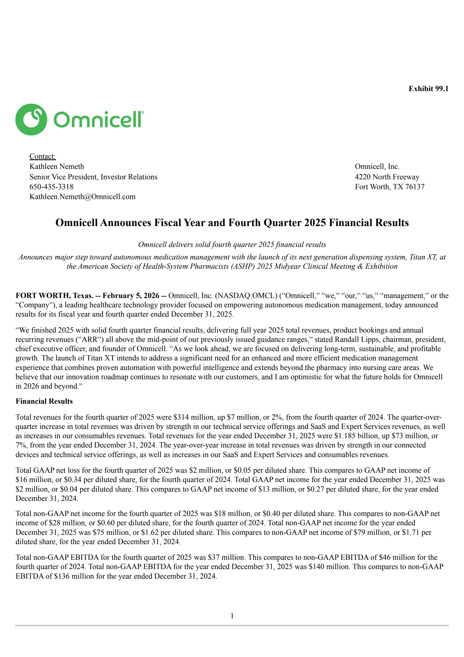 Omnicell's Q4 2025 Press Release