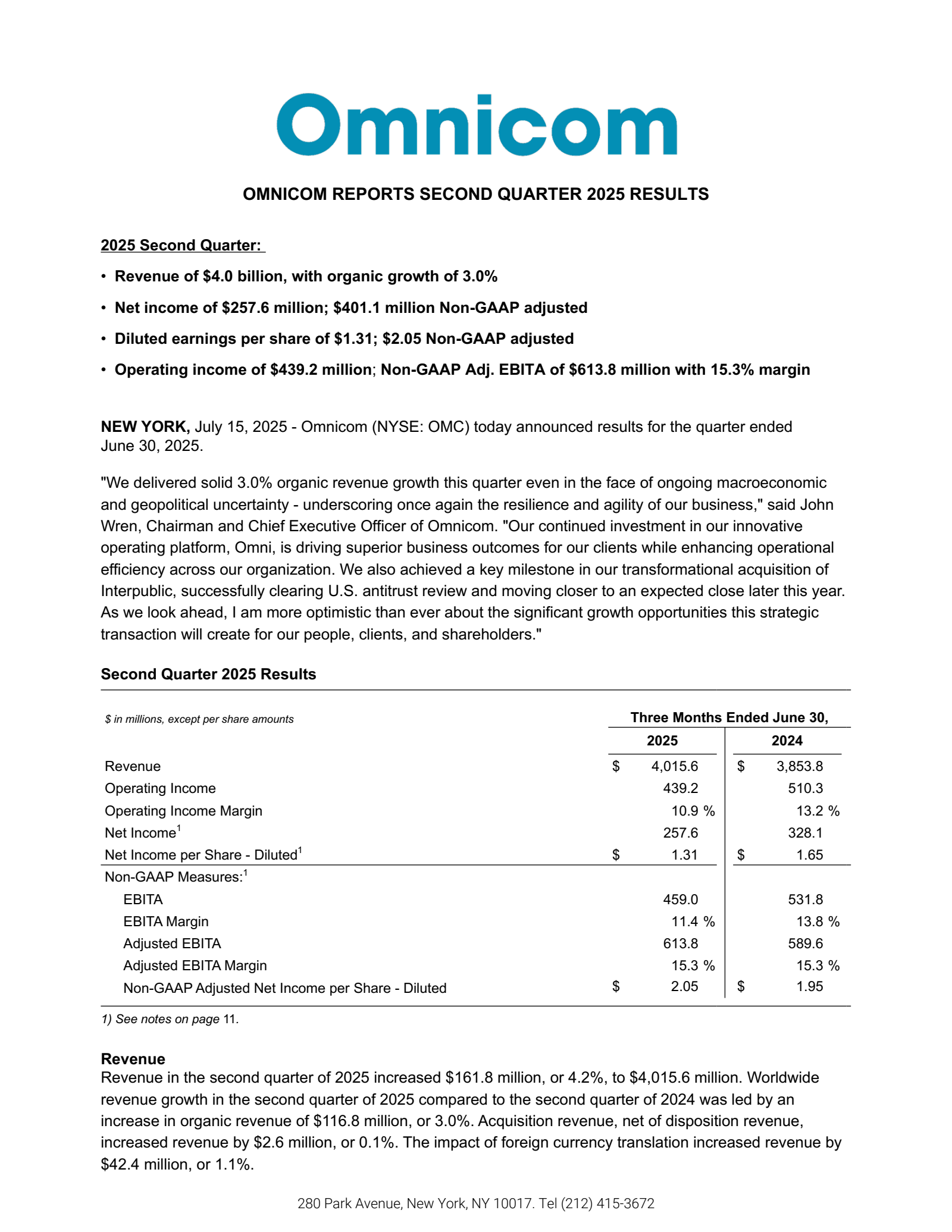 Omnicom Group's Q2 2025 Press Release