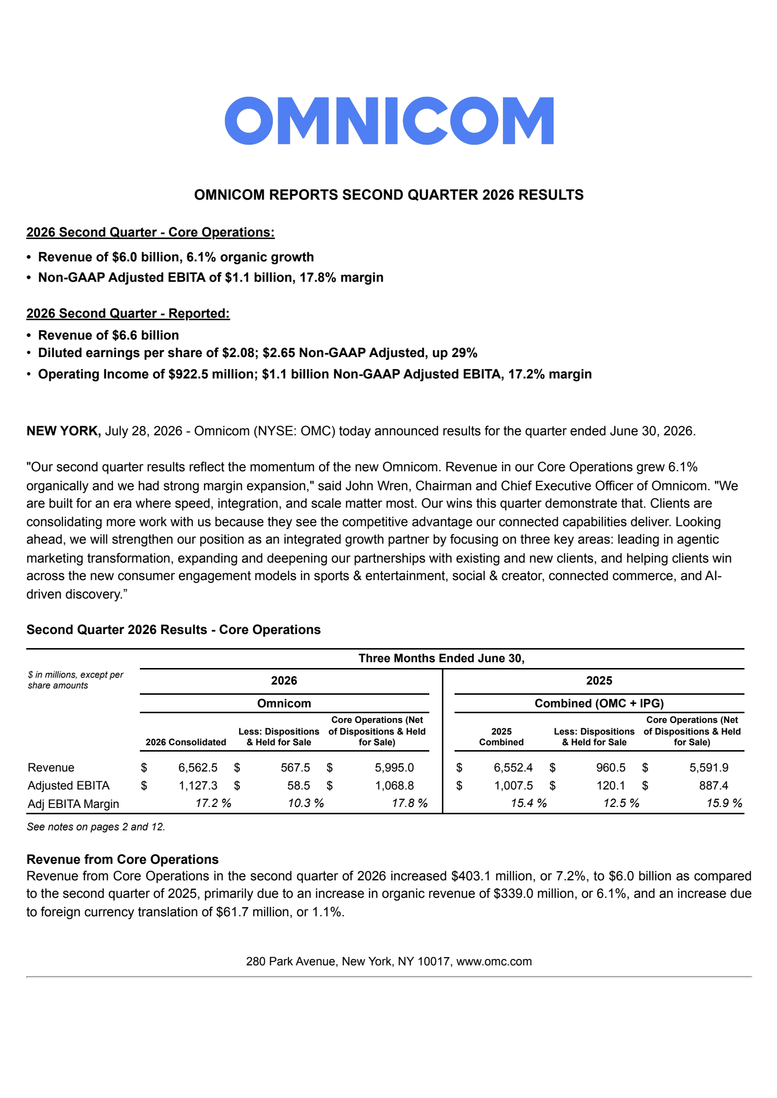 Omnicom Group's Q2 2026 Press Release