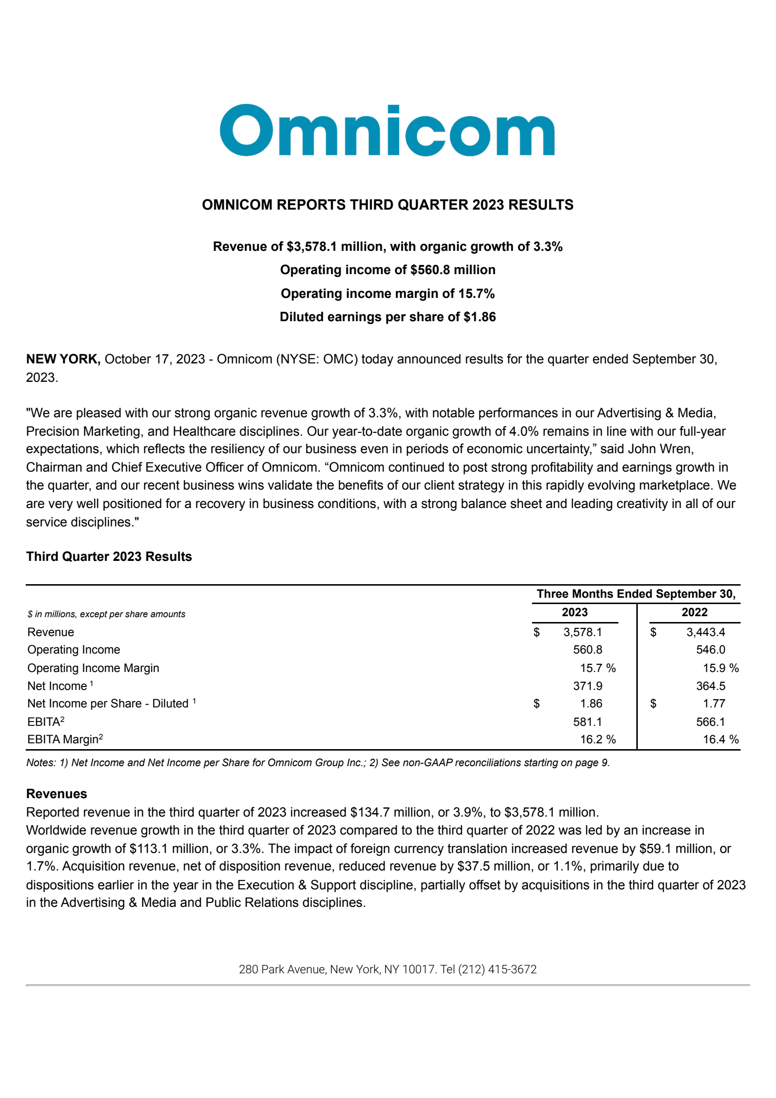Omnicom Group's Q3 2023 Press Release