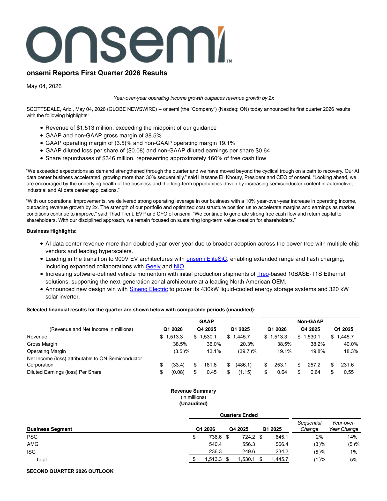 onsemi's Q1 2026 Press Release