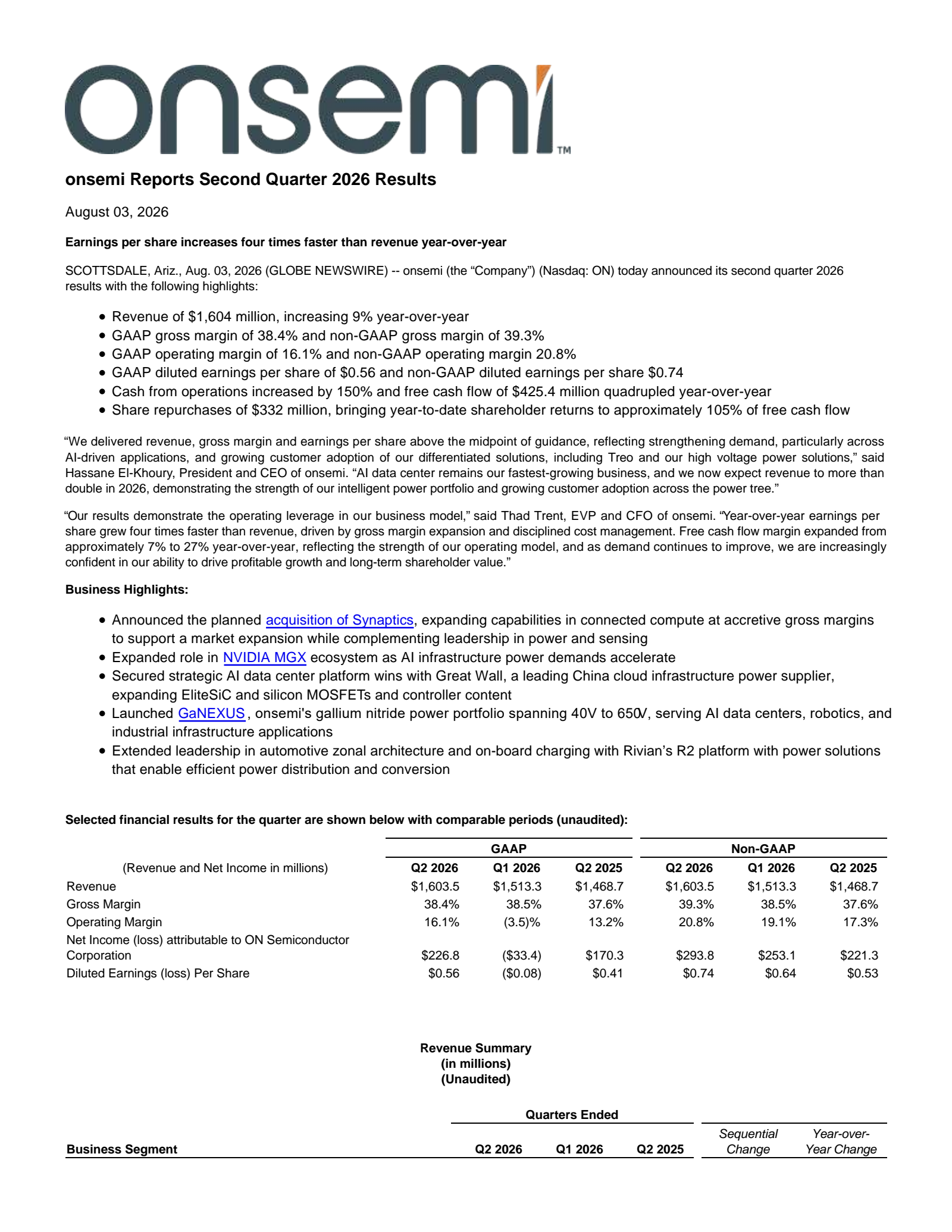 onsemi's Q2 2026 Press Release