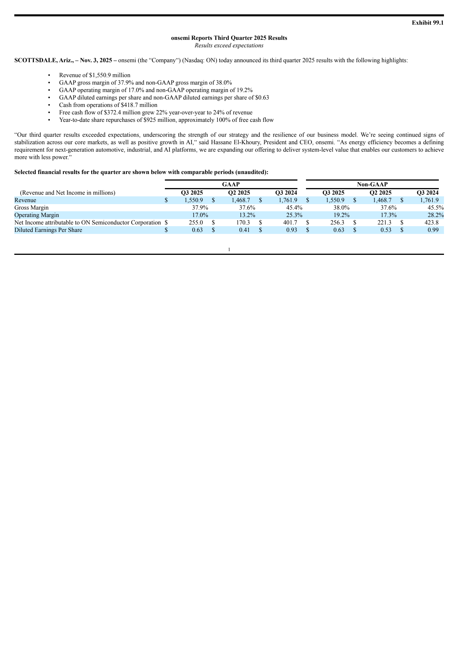 onsemi's Q3 2025 Earnings Release