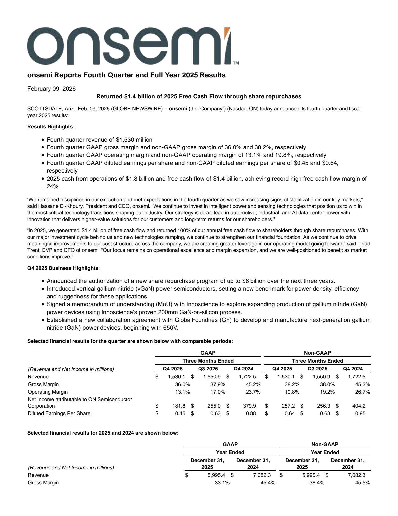 onsemi's Q4 2025 Press Release