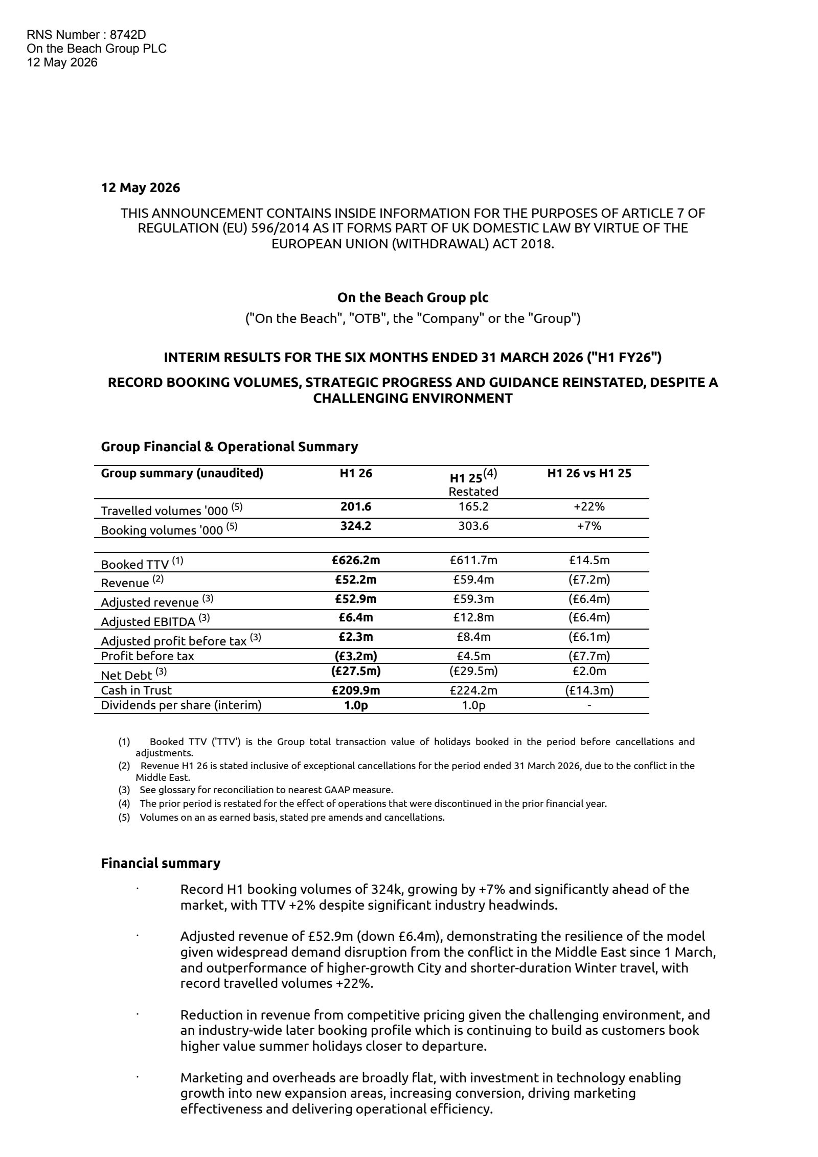 On the Beach Group's H1 2026 Interim report