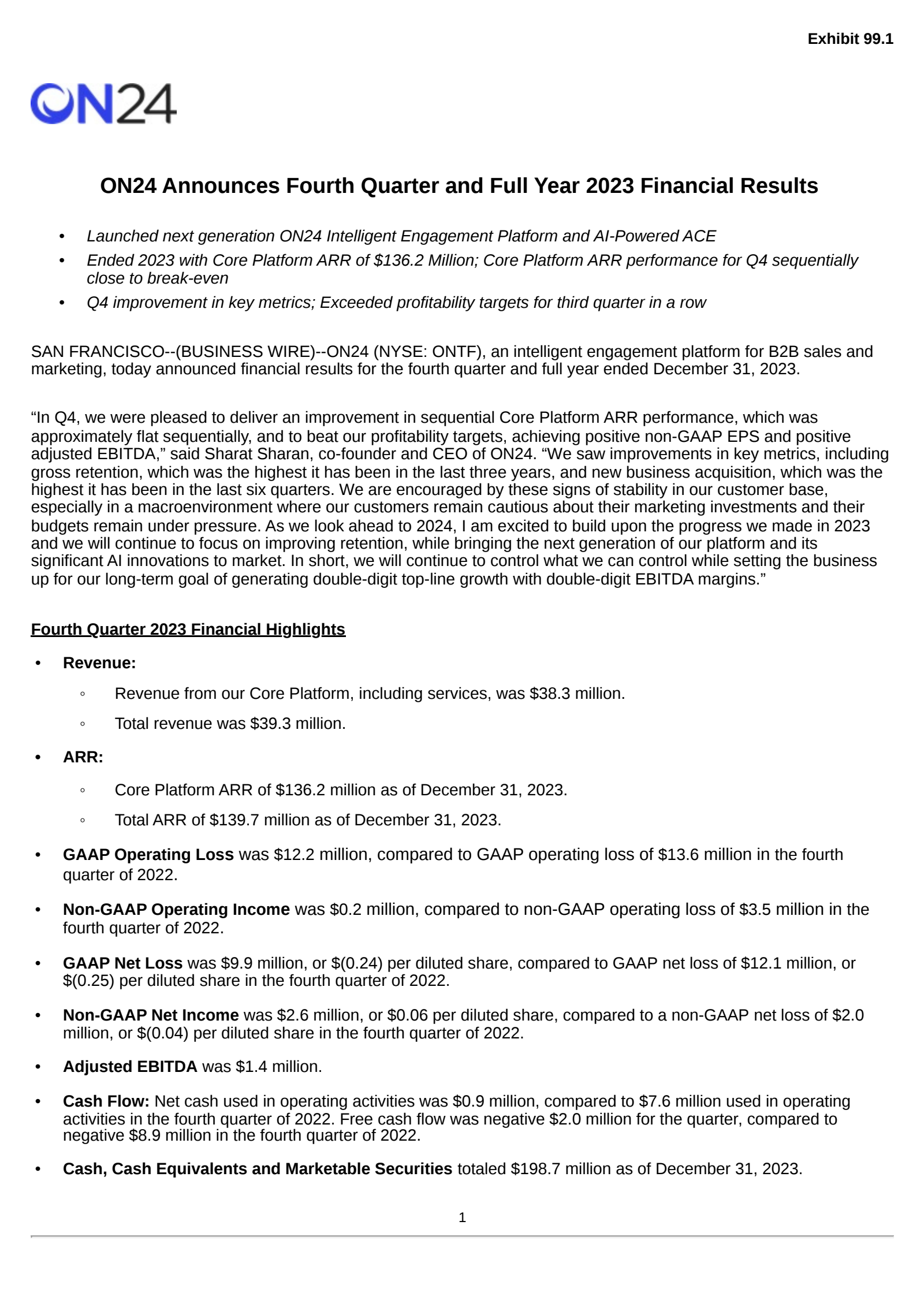 ON24's Q4 2023 Press Release