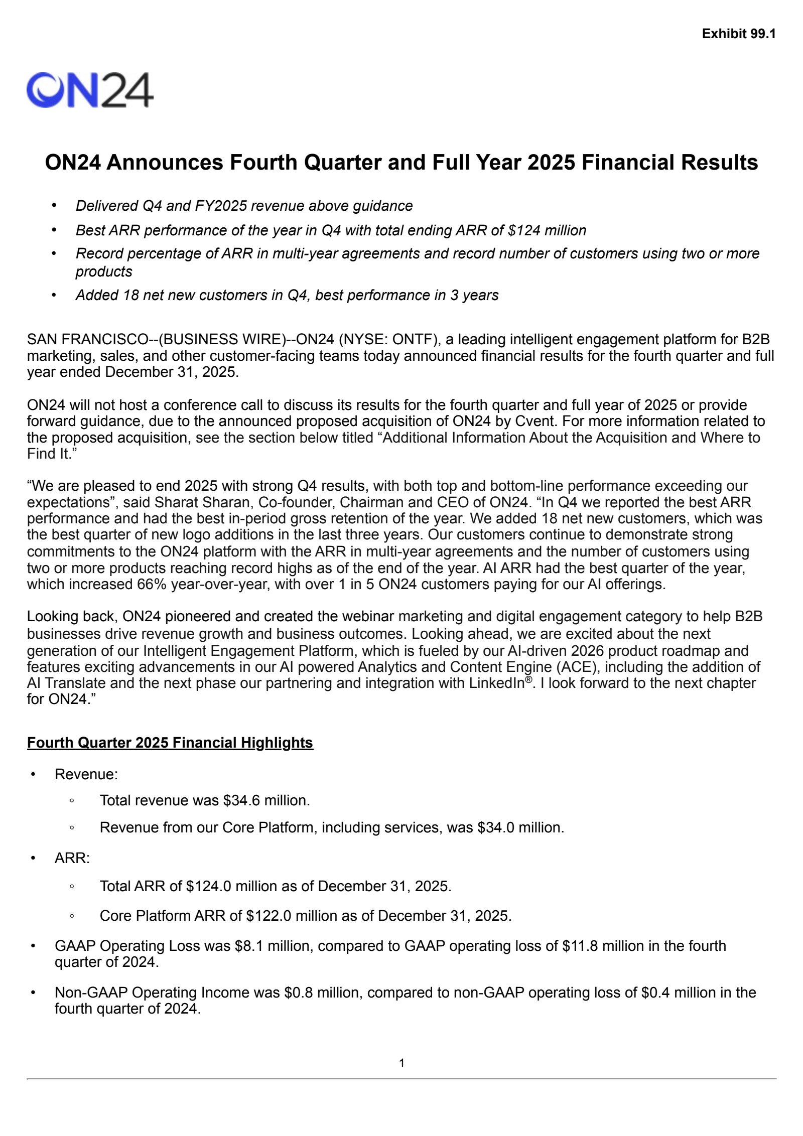 ON24's Q4 2025 Press Release