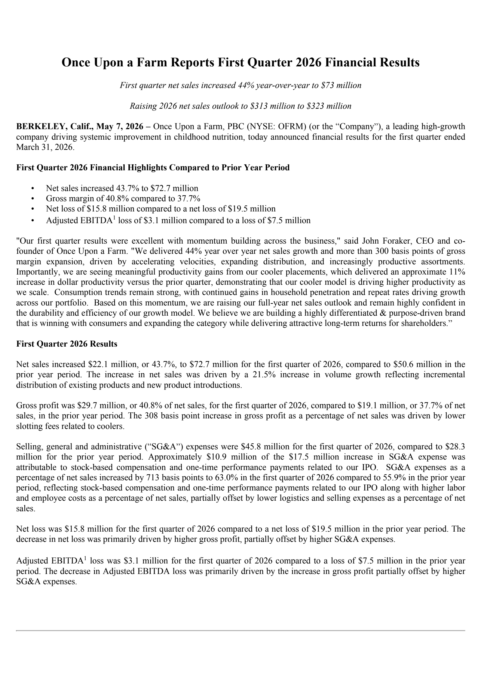 Once Upon A Farm's Q1 2026 Press Release