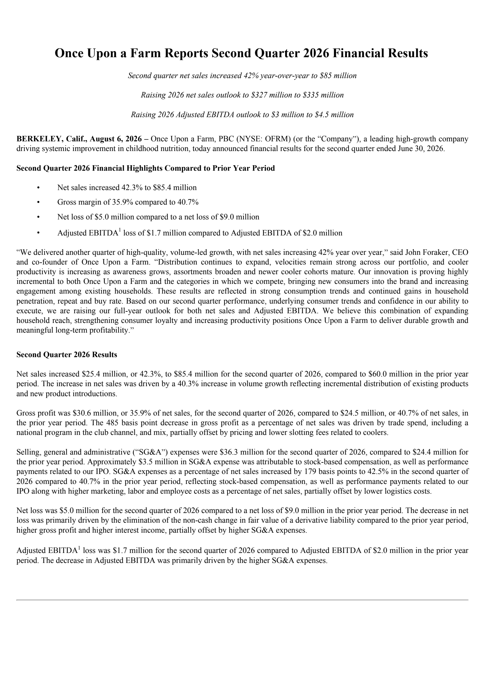 Once Upon A Farm's Q2 2026 Press Release