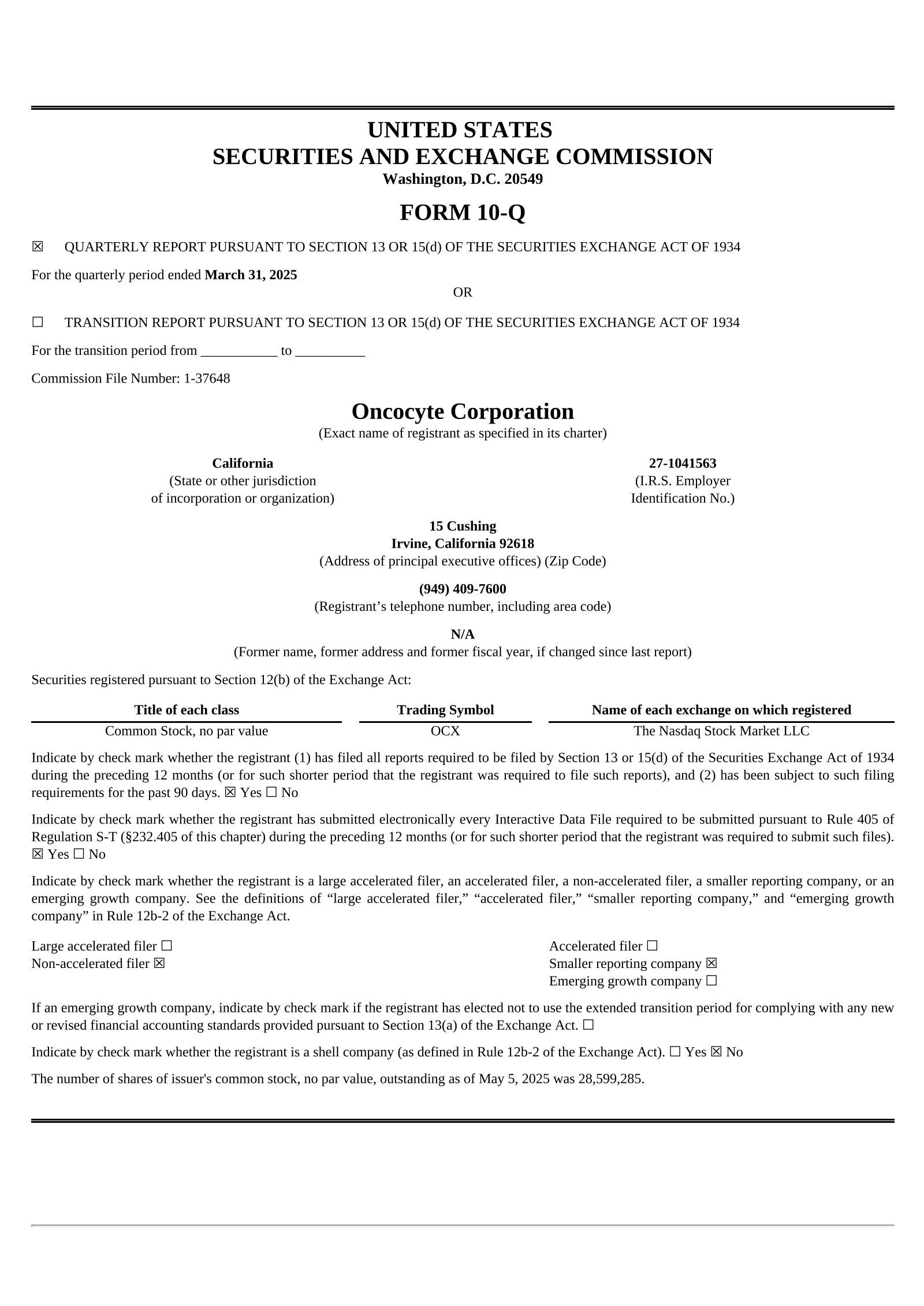 OncoCyte's Q1 2025 Quarterly report
