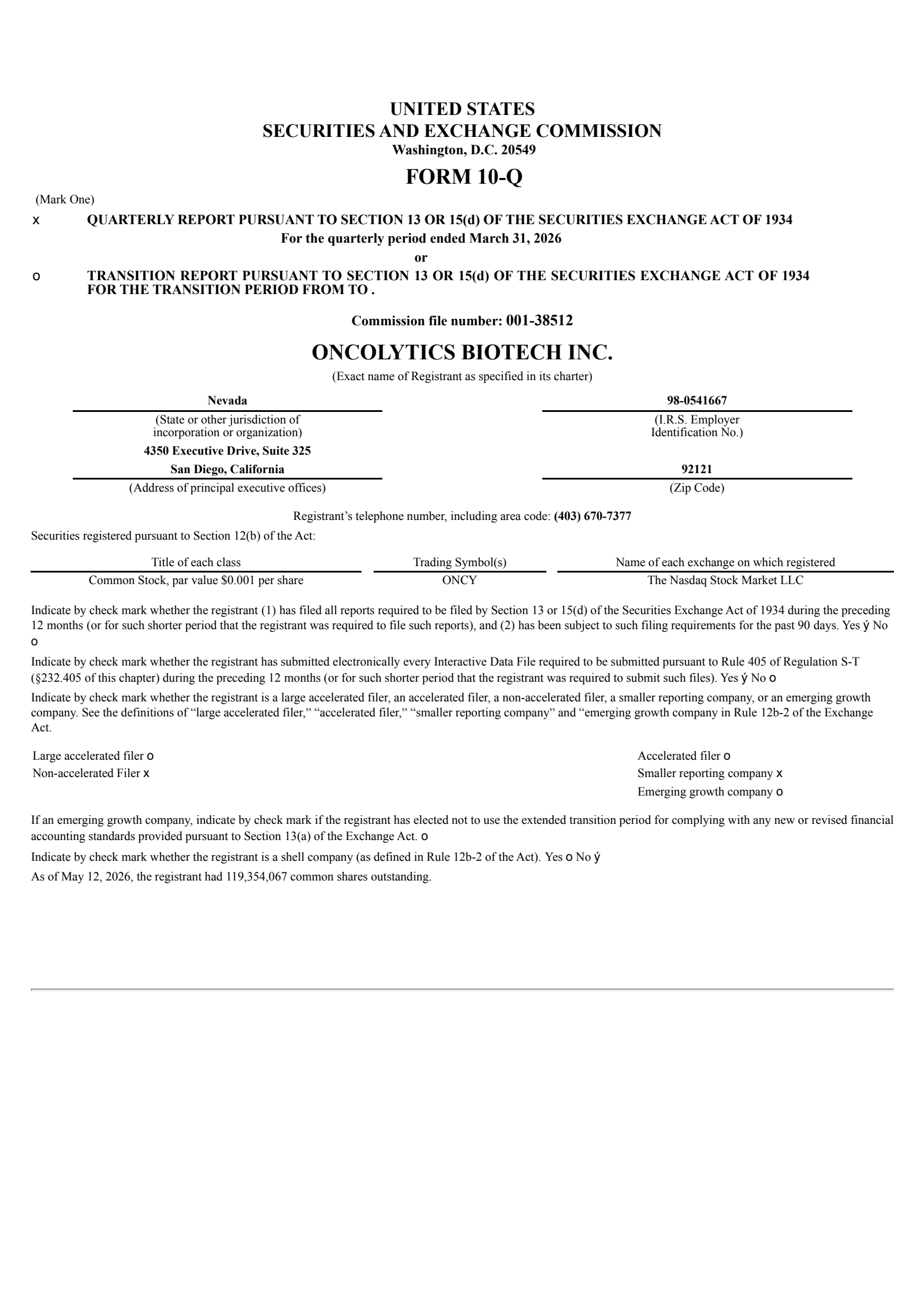 Oncolytics Biotech's Q1 2026 Quarterly report