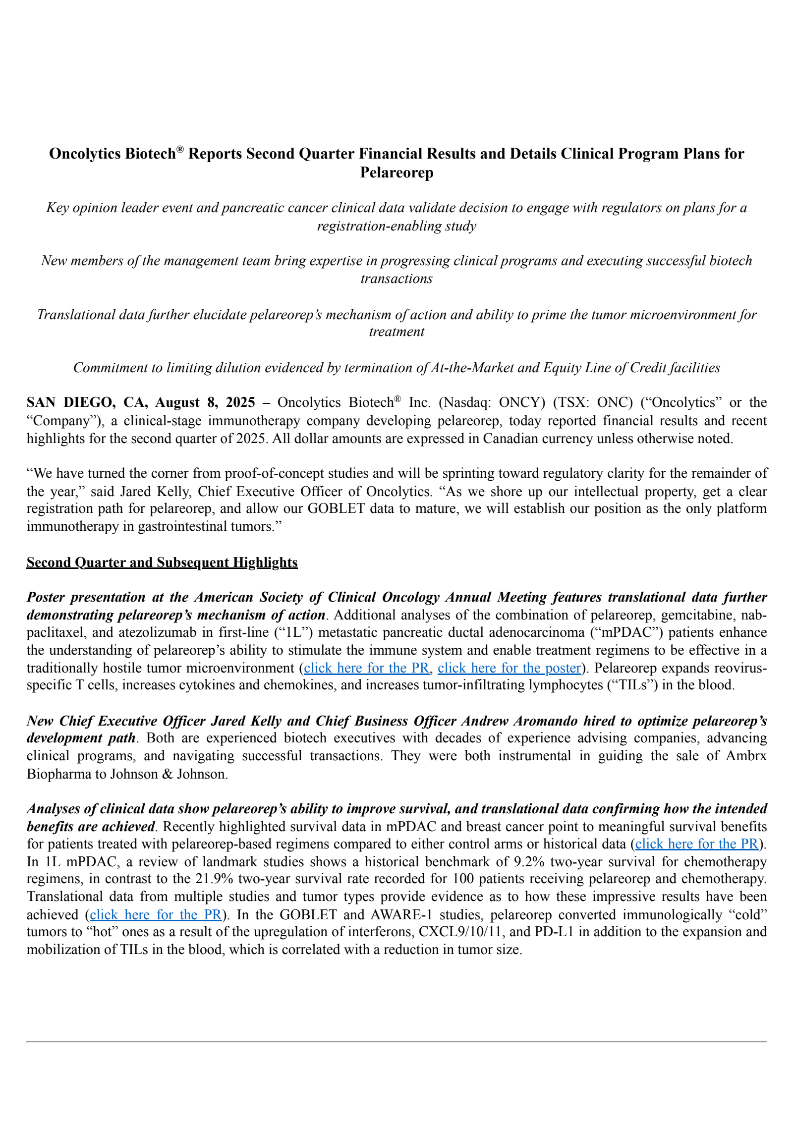 Oncolytics Biotech's Q2 2025 Press Release
