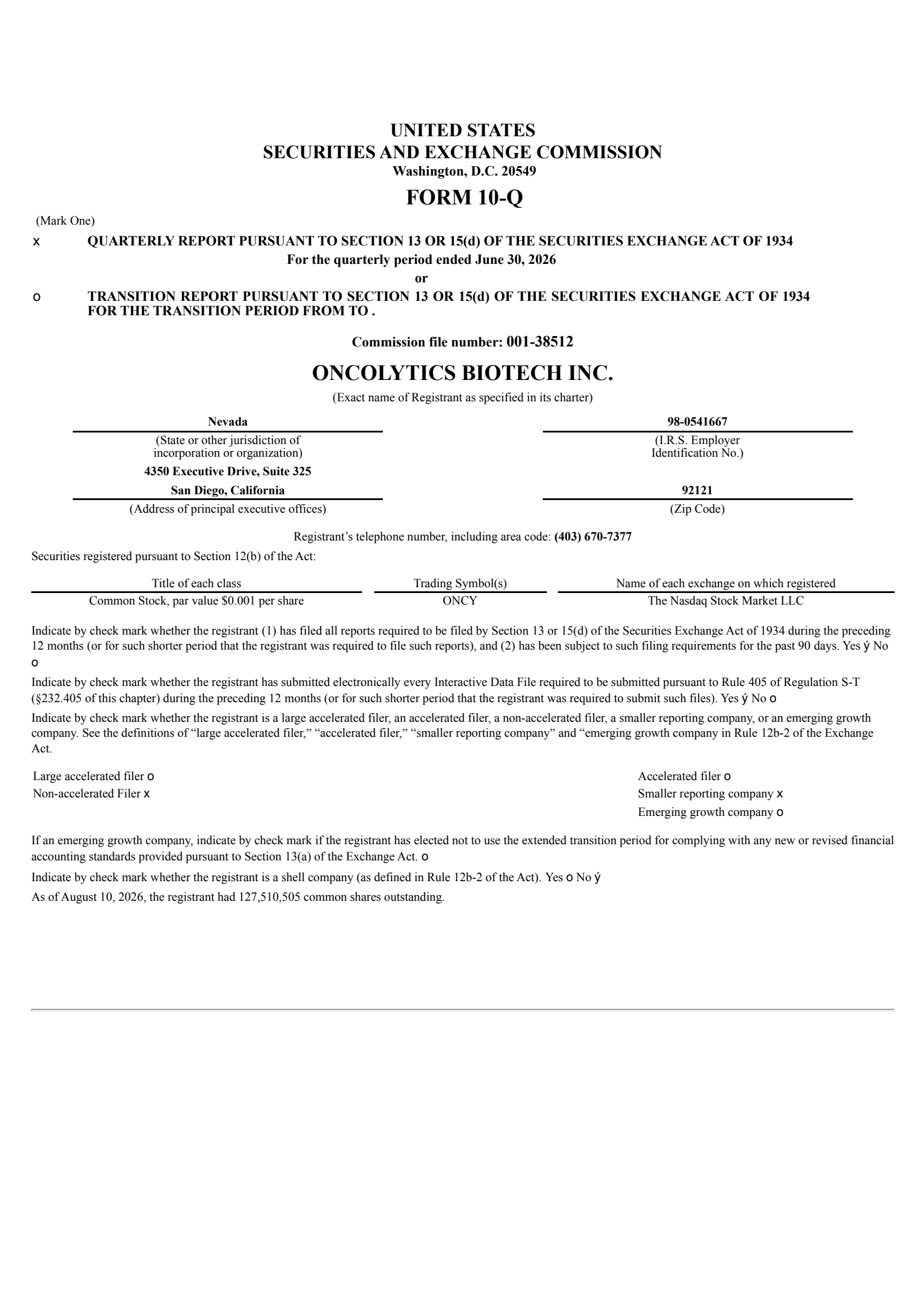 Oncolytics Biotech's Q2 2026 Quarterly report