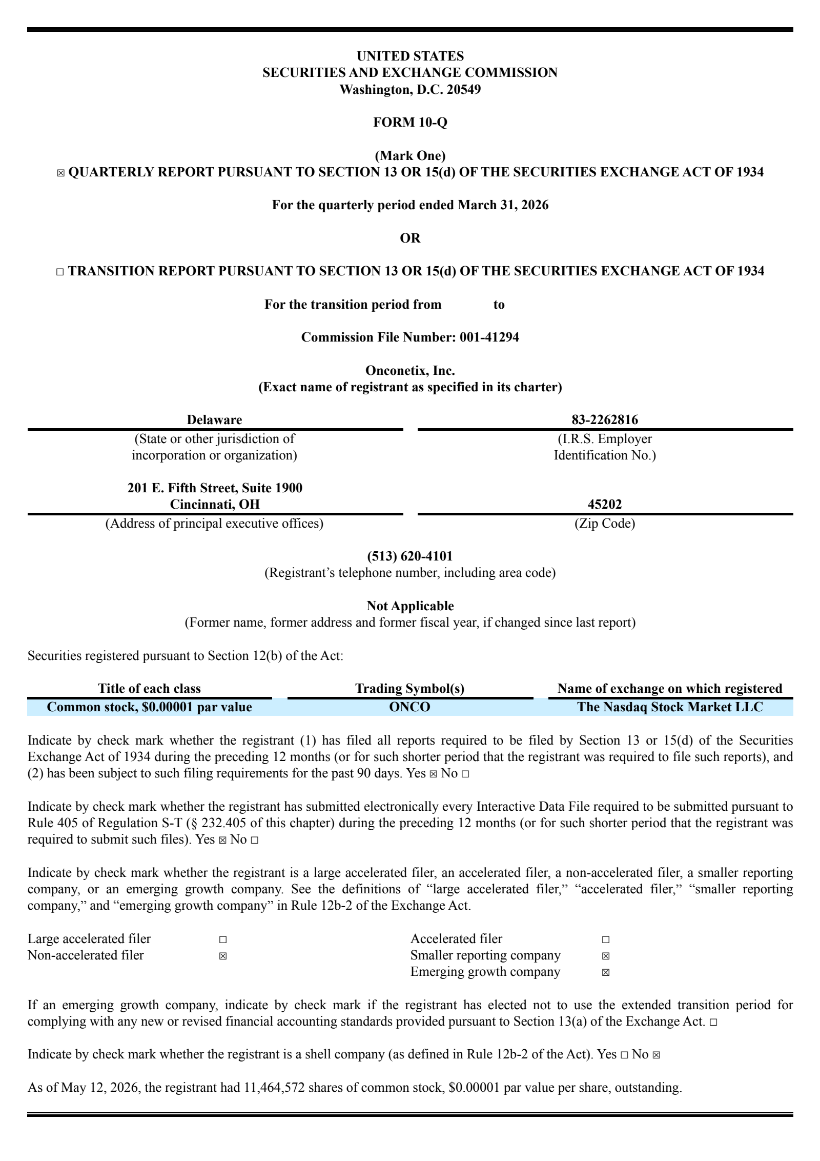 Onconetix's Q1 2026 Quarterly report