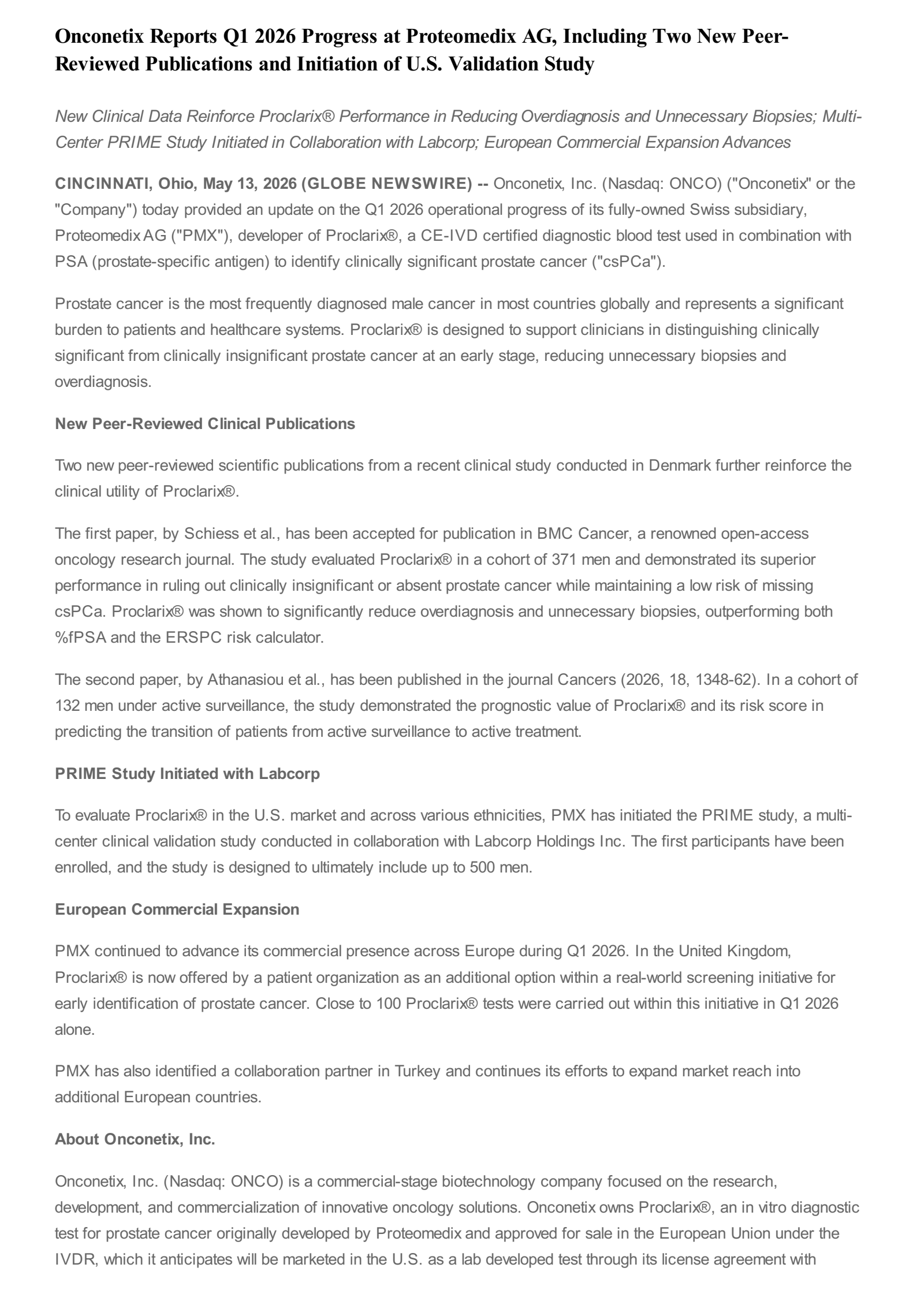 Onconetix's Q1 2026 Press Release