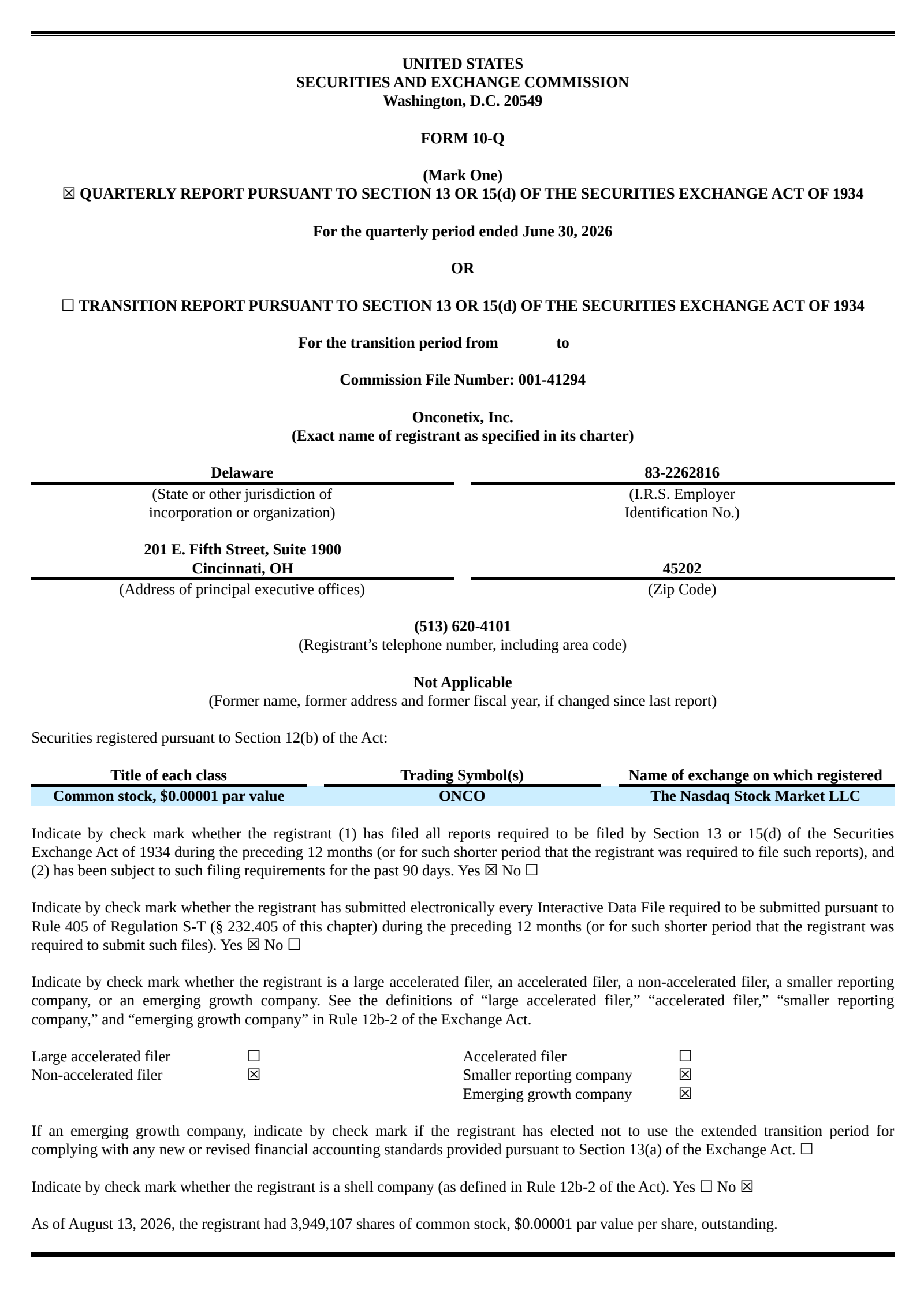 Onconetix's Q2 2026 Quarterly report