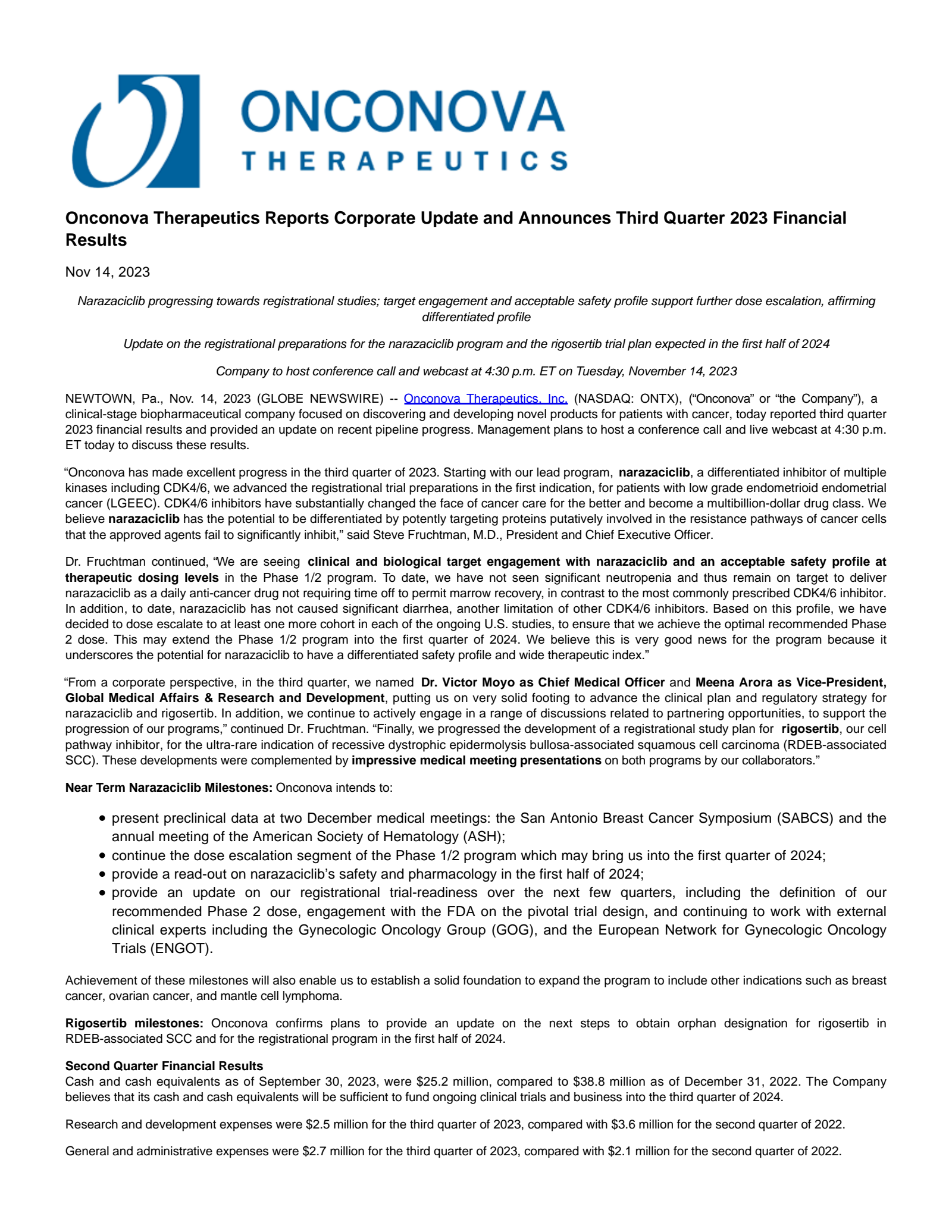 Traws Pharma's Q3 2023 Press Release