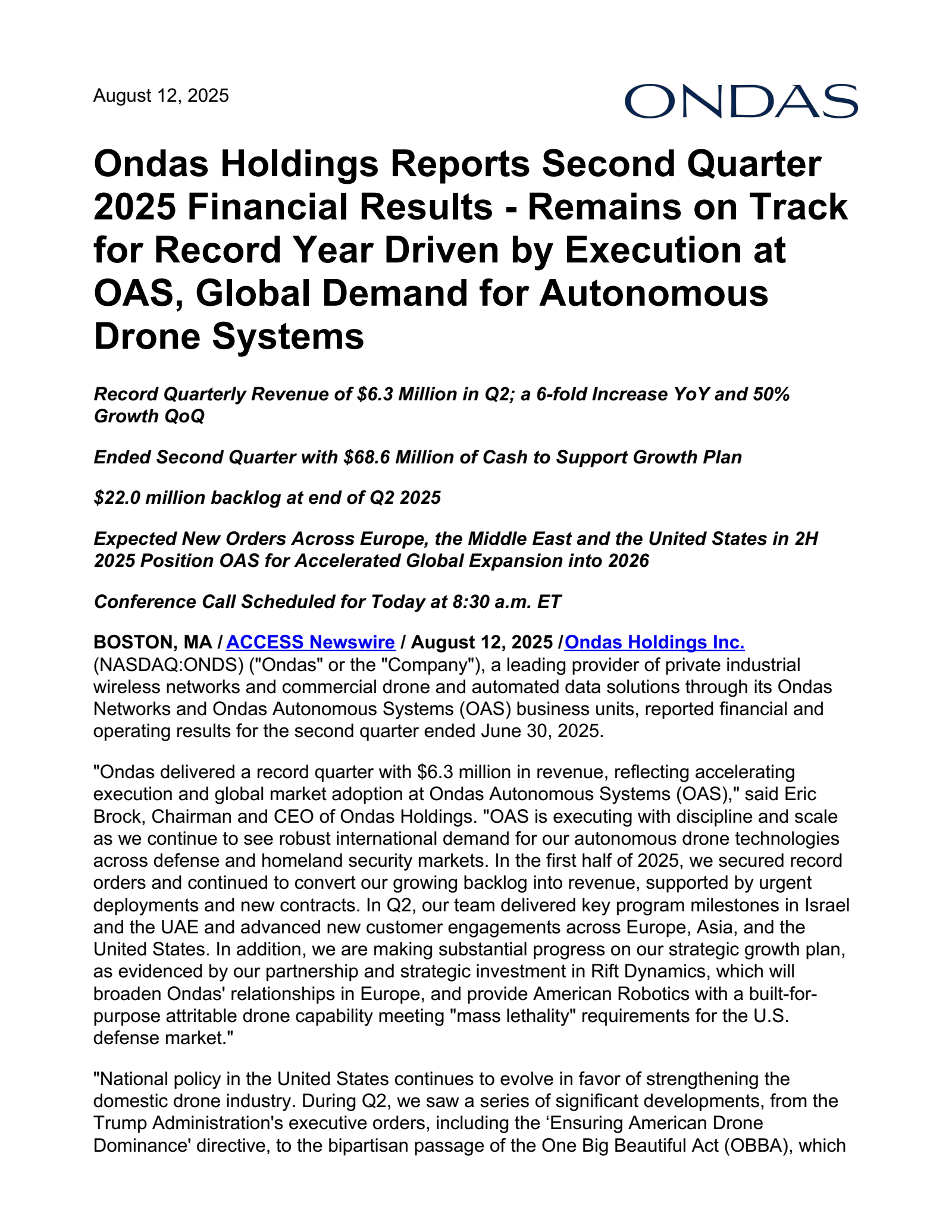 Ondas' Q2 2025 Press Release