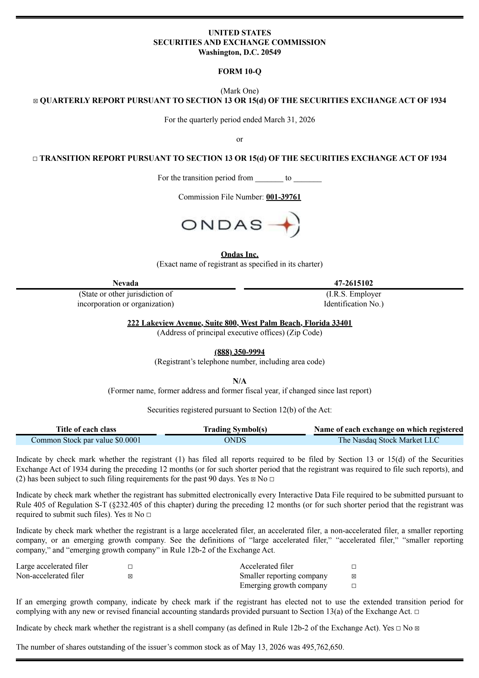 Ondas' Q1 2026 Quarterly report