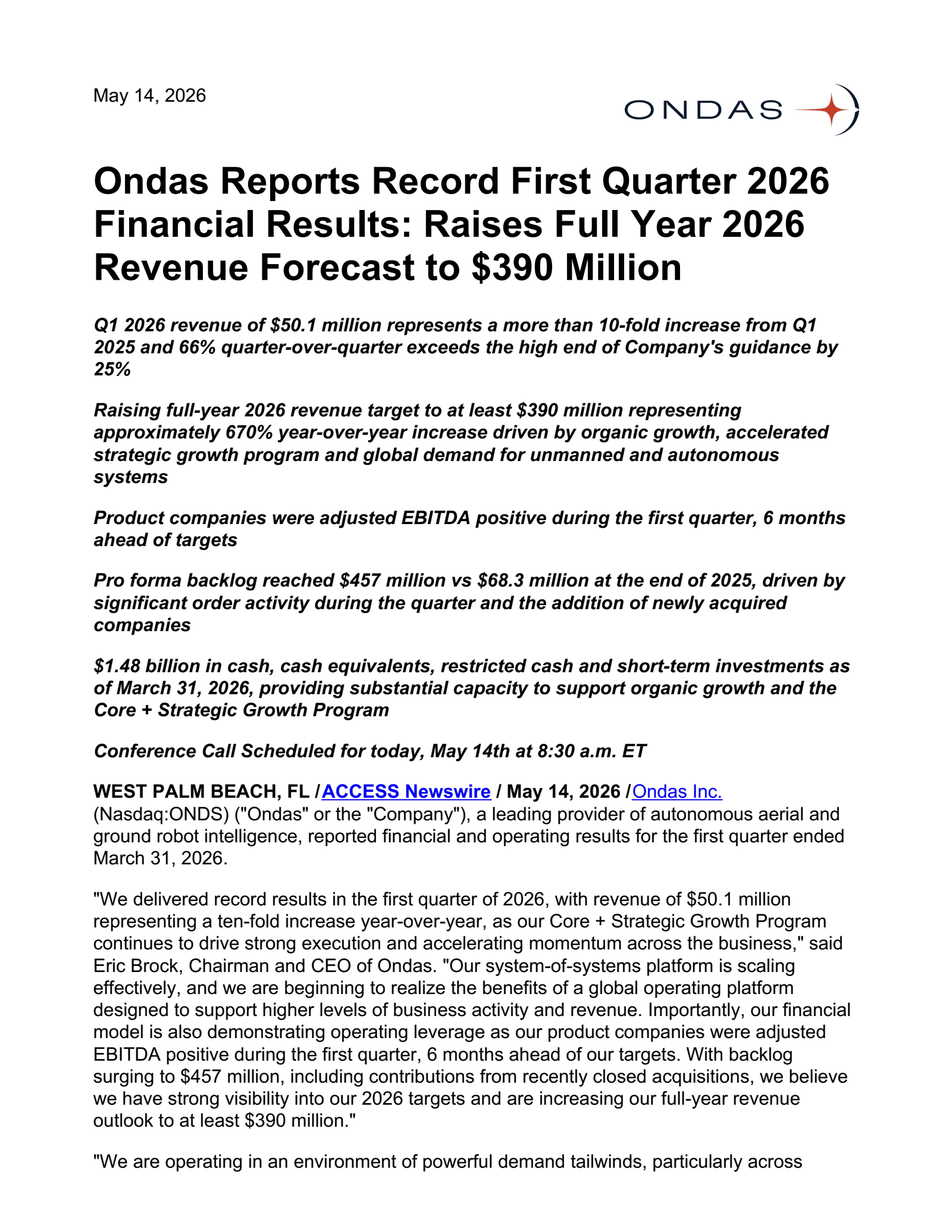 Ondas' Q1 2026 Press Release
