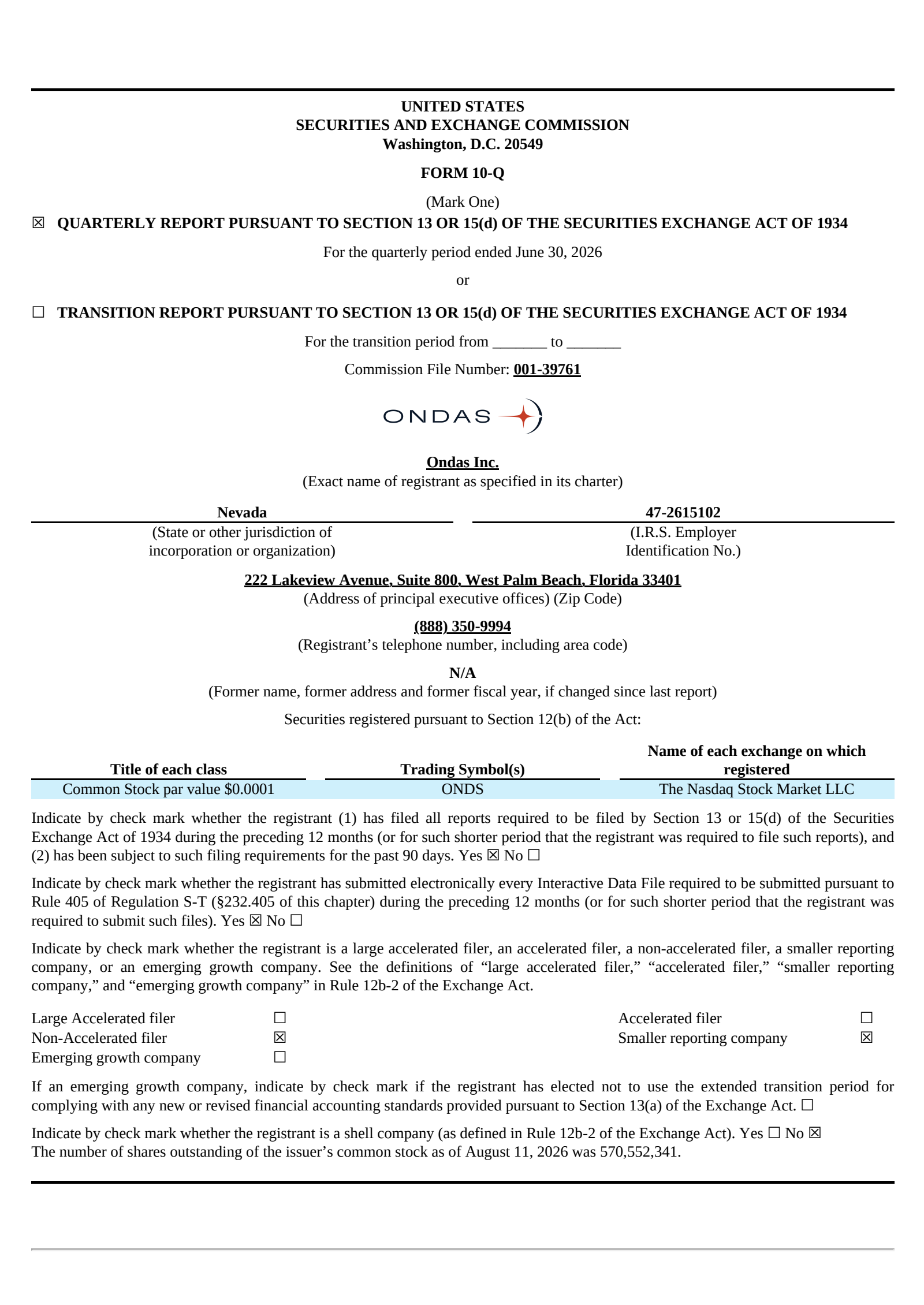 Ondas' Q2 2026 Quarterly report