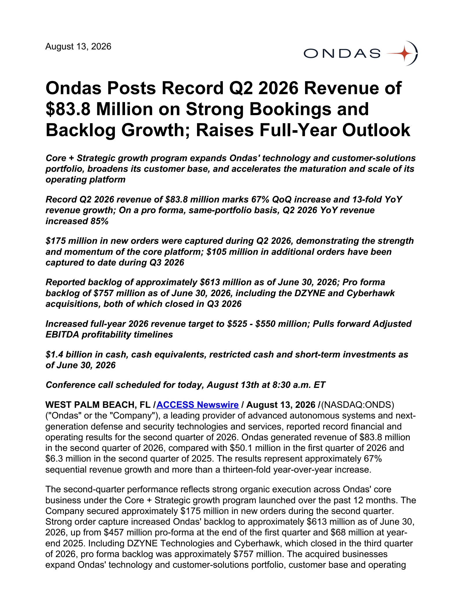 Ondas' Q2 2026 Press Release