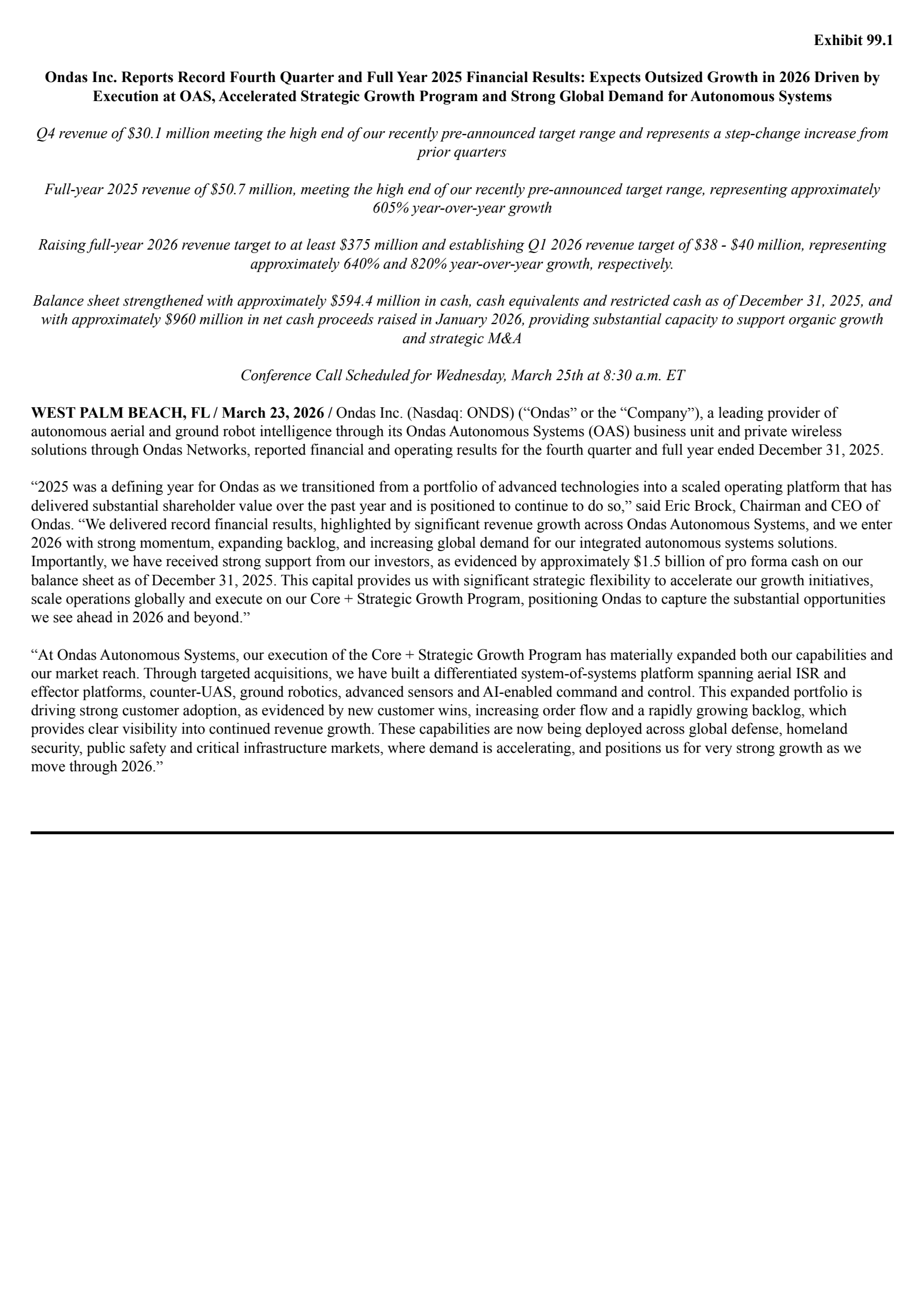 Ondas' Q4 2025 Press Release