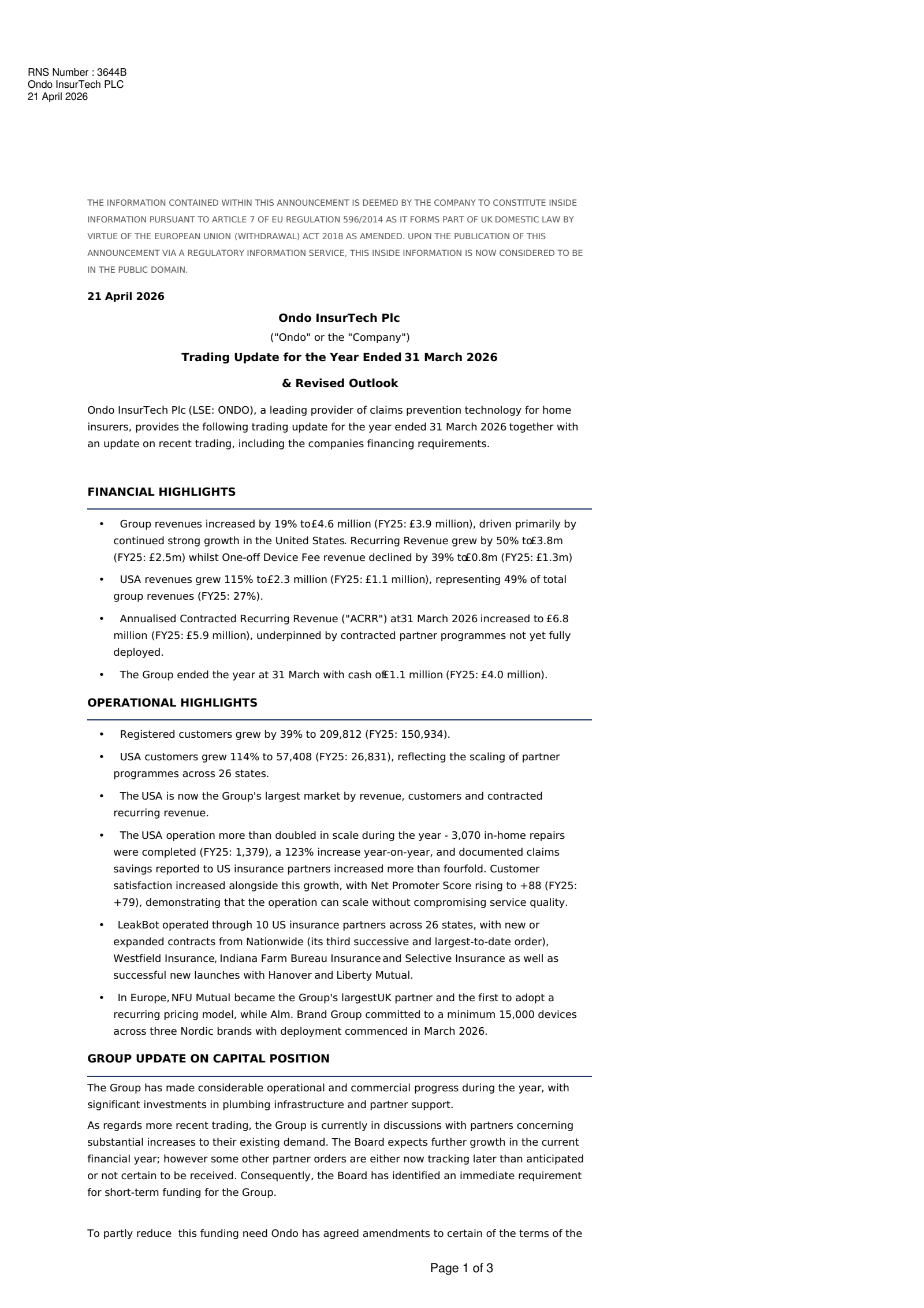 Ondo InsurTech's H2 2026 Press Release