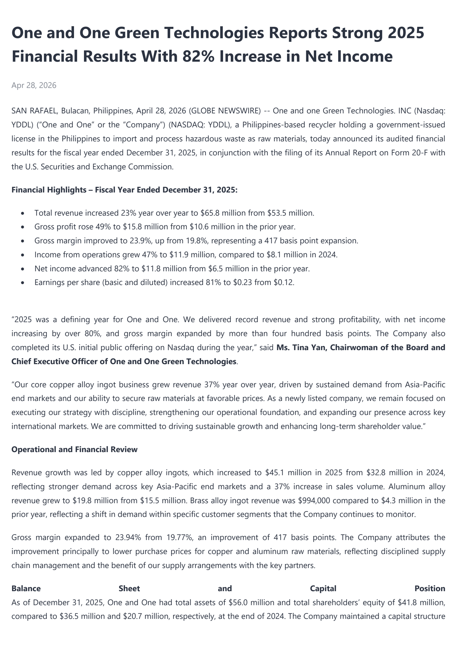 One and One Green Technologies. Inc Class A Ordinary Shares' Q4 2025 Press Release